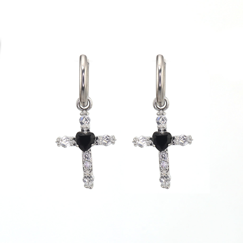 CRUX - PAIR OF Heart CZ Large Cross stainless steel Earrings - CRUX - PAIR OF Heart CZ Large Cross stainless steel Earrings - Black by CRUXJEWELRY