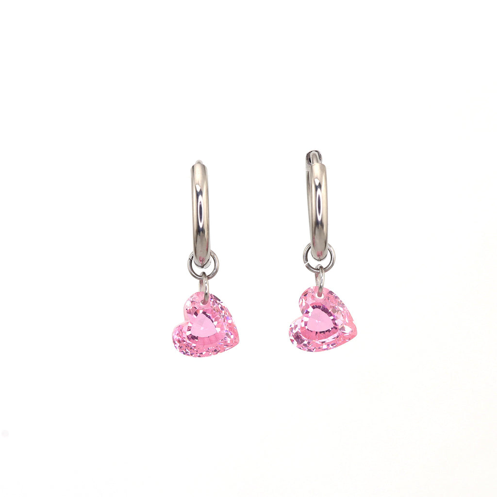 Rainbow Heart CZ Pendant Stainless steel Earrings - Rainbow Heart CZ Pendant Stainless steel Earrings - Pink / Set by CRUXJEWELRY