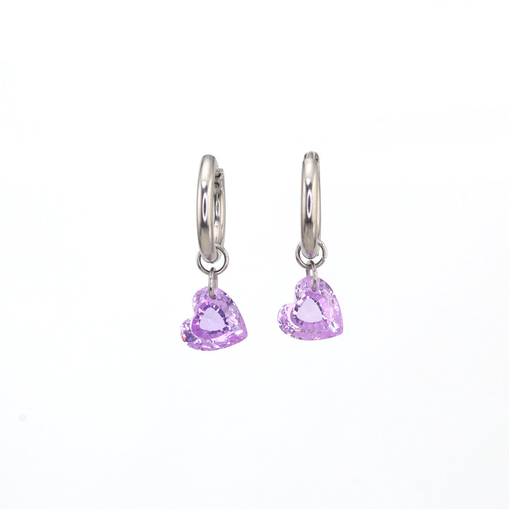 Rainbow Heart CZ Pendant Stainless steel Earrings - Rainbow Heart CZ Pendant Stainless steel Earrings - Purple / Set by CRUXJEWELRY