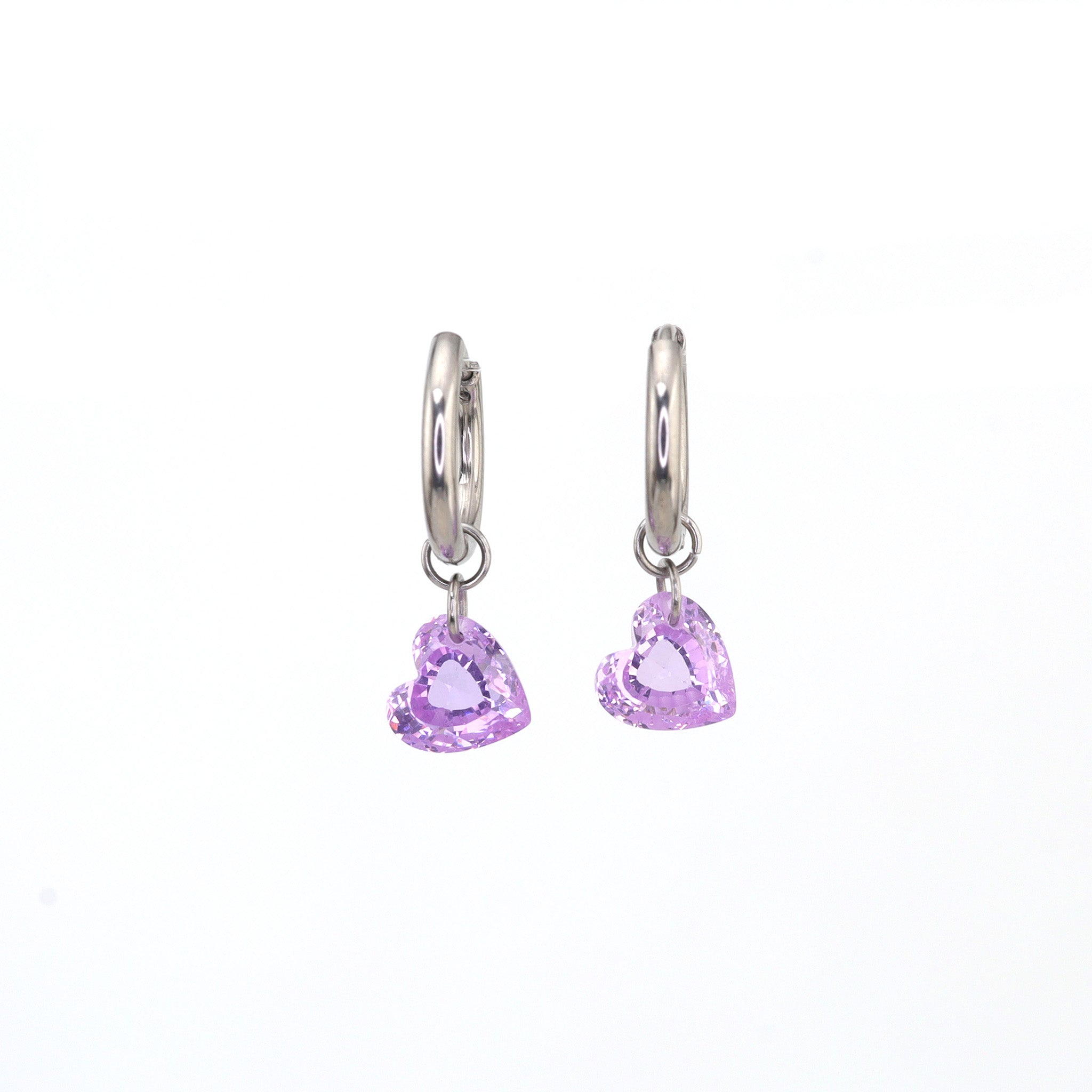 Rainbow Heart CZ Pendant Stainless steel Earrings - Rainbow Heart CZ Pendant Stainless steel Earrings - Purple / Set by CRUXJEWELRY