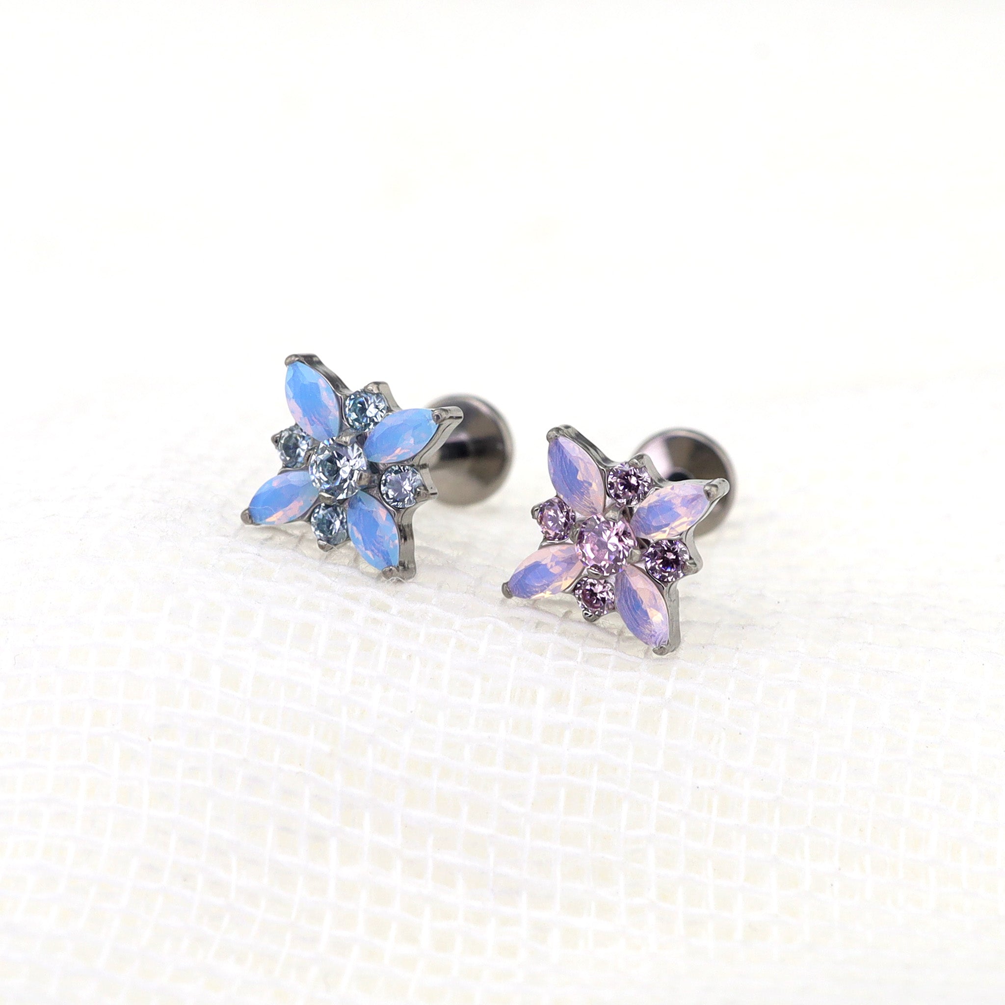 Blue & Pink Opal Floral Internally Threaded Titanium Studs - Blue & Pink Opal Floral Internally Threaded Titanium Studs - Blue / 6mm by CRUXJEWELRY