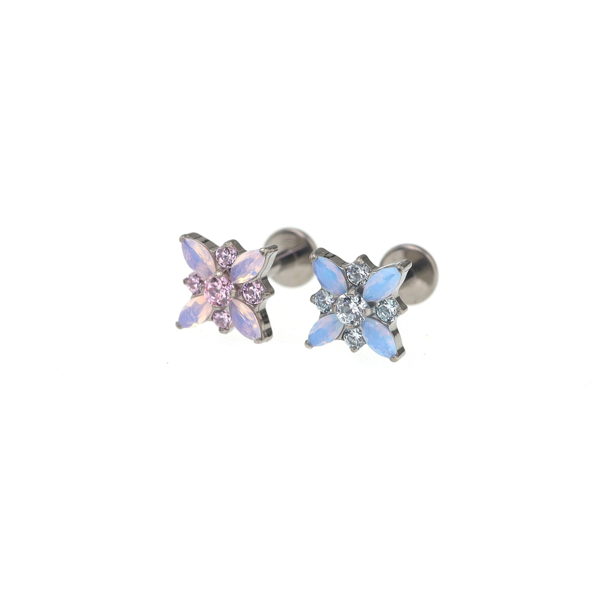 Blue & Pink Opal Floral Internally Threaded Titanium Studs - Blue & Pink Opal Floral Internally Threaded Titanium Studs - Blue / 6mm by CRUXJEWELRY