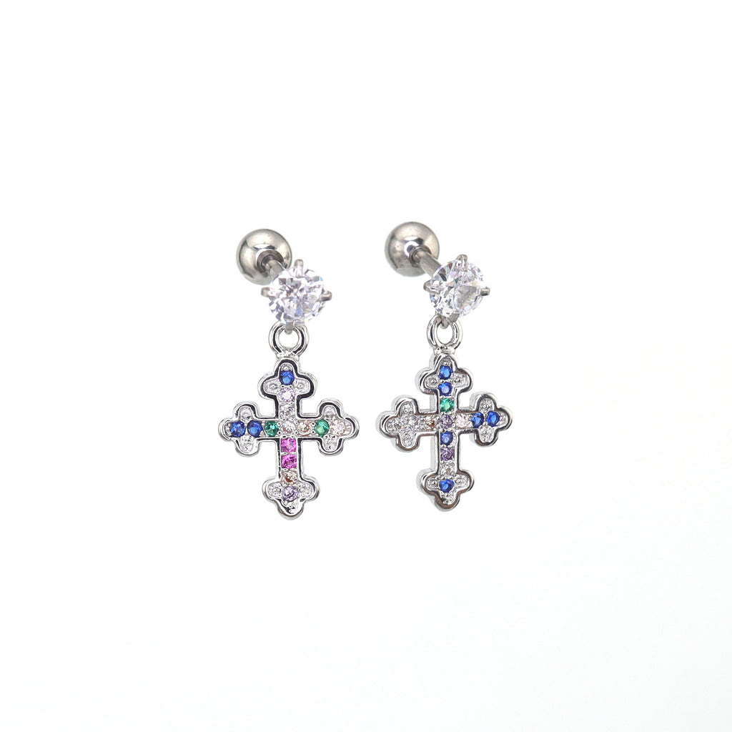 Vintage Cross Pendant Rainbow CZ Stainless steel Ear Studs - Vintage Cross Pendant Rainbow CZ Stainless steel Ear Studs - Set by CRUXJEWELRY