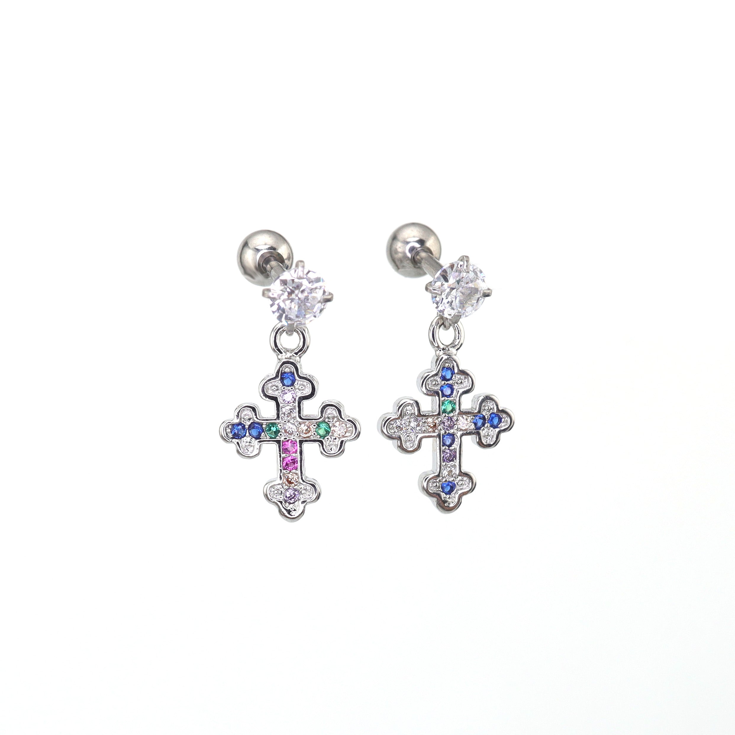 Vintage Cross Pendant Rainbow CZ Stainless steel Ear Studs - Vintage Cross Pendant Rainbow CZ Stainless steel Ear Studs - Set by CRUXJEWELRY