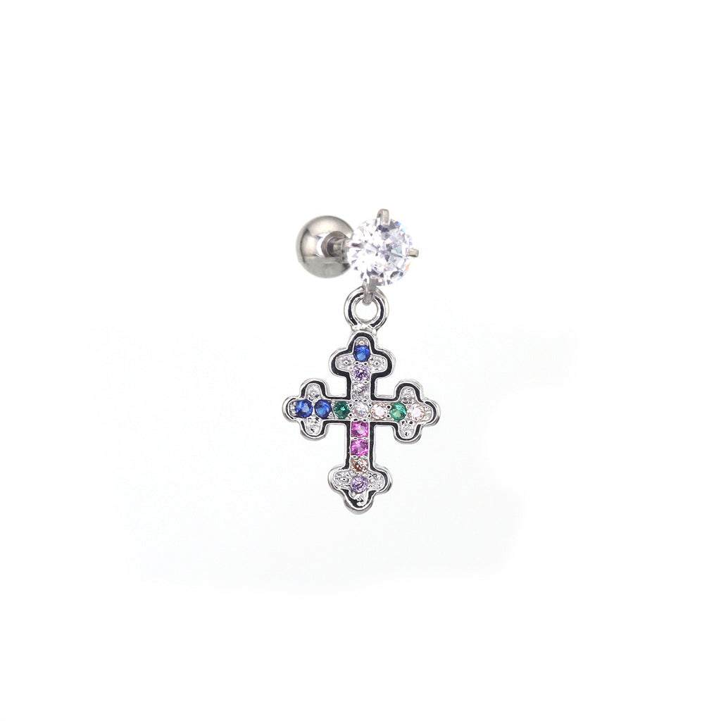 Vintage Cross Pendant Rainbow CZ Stainless steel Ear Studs - Vintage Cross Pendant Rainbow CZ Stainless steel Ear Studs - Single by CRUXJEWELRY