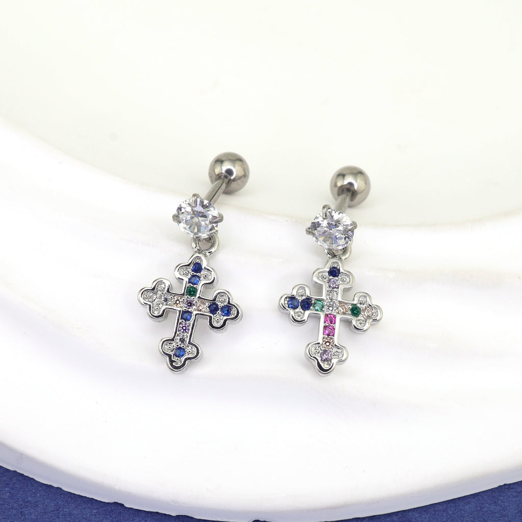 Vintage Cross Pendant Rainbow CZ Stainless steel Ear Studs - Vintage Cross Pendant Rainbow CZ Stainless steel Ear Studs - Single by CRUXJEWELRY