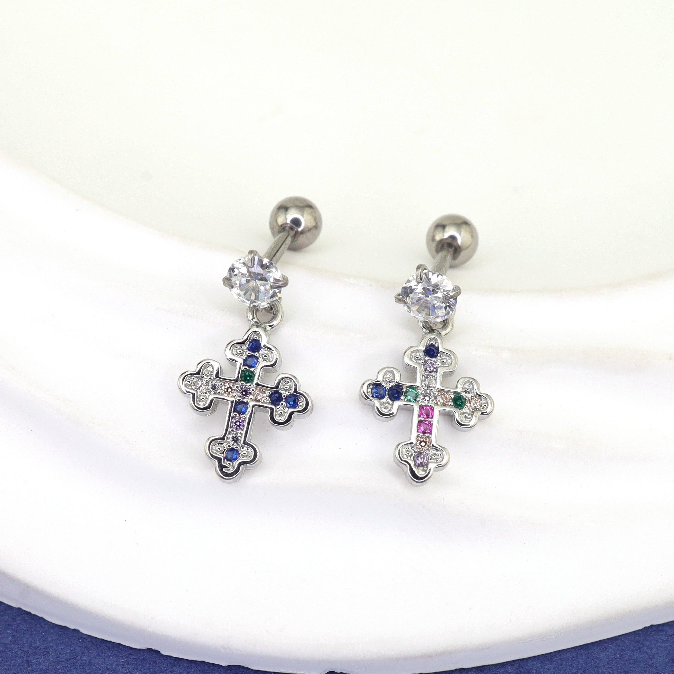 Vintage Cross Pendant Rainbow CZ Stainless steel Ear Studs - Vintage Cross Pendant Rainbow CZ Stainless steel Ear Studs - Single by CRUXJEWELRY