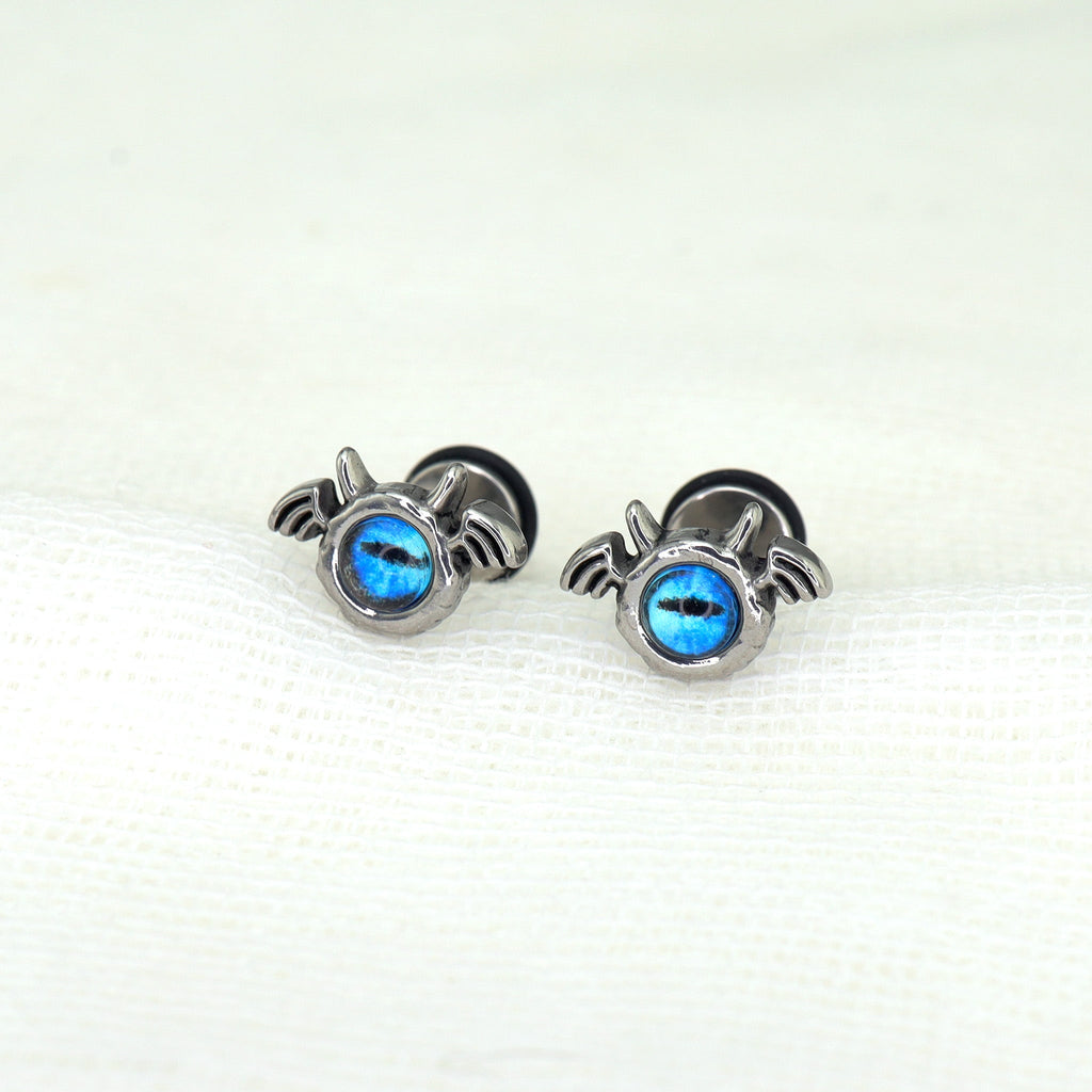 Blue Eye Pupil Wing Demon Stainless Steel Ear Studs - Blue Eye Pupil Wing Demon Stainless Steel Ear Studs - Single by CRUXJEWELRY