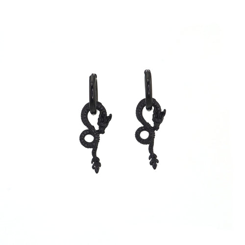 Black Engraved Evil Dragon Pendant Stainless Steel Earrings - Black Engraved Evil Dragon Pendant Stainless Steel Earrings - Set
