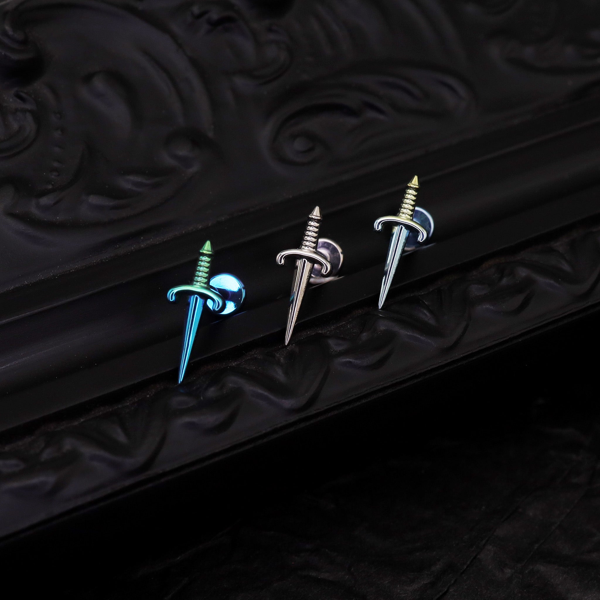 Iridescent Dagger Internally Threaded Titanium Ear Studs - Iridescent Dagger Internally Threaded Titanium Ear Studs - Sliver / 6mm by CRUXJEWELRY