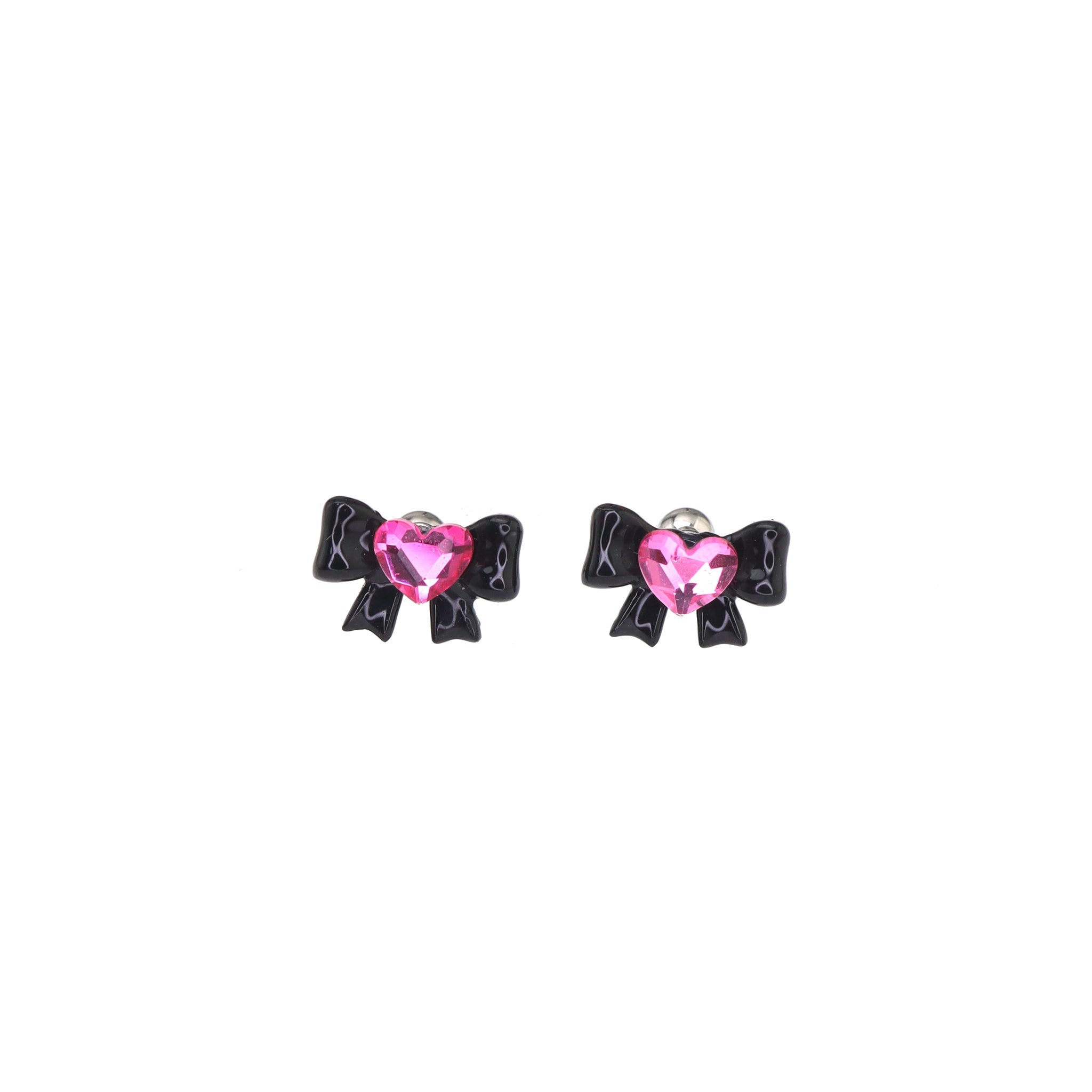 Thin Gauge Heart Pink CZ Resin Bow Stainless Steel Ear Studs - Thin Gauge Heart Pink CZ Resin Bow Stainless Steel Ear Studs - Single / 0.8mm/20G by CRUXJEWELRY