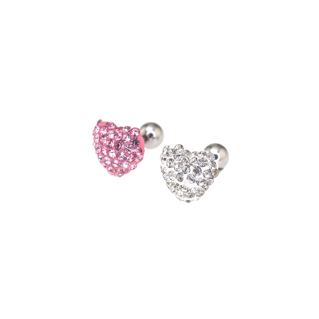 Pink & White Full CZ Heart Resin Stainless Steel Ear Studs - Pink & White Full CZ Heart Resin Stainless Steel Ear Studs - White / Single by CRUXJEWELRY
