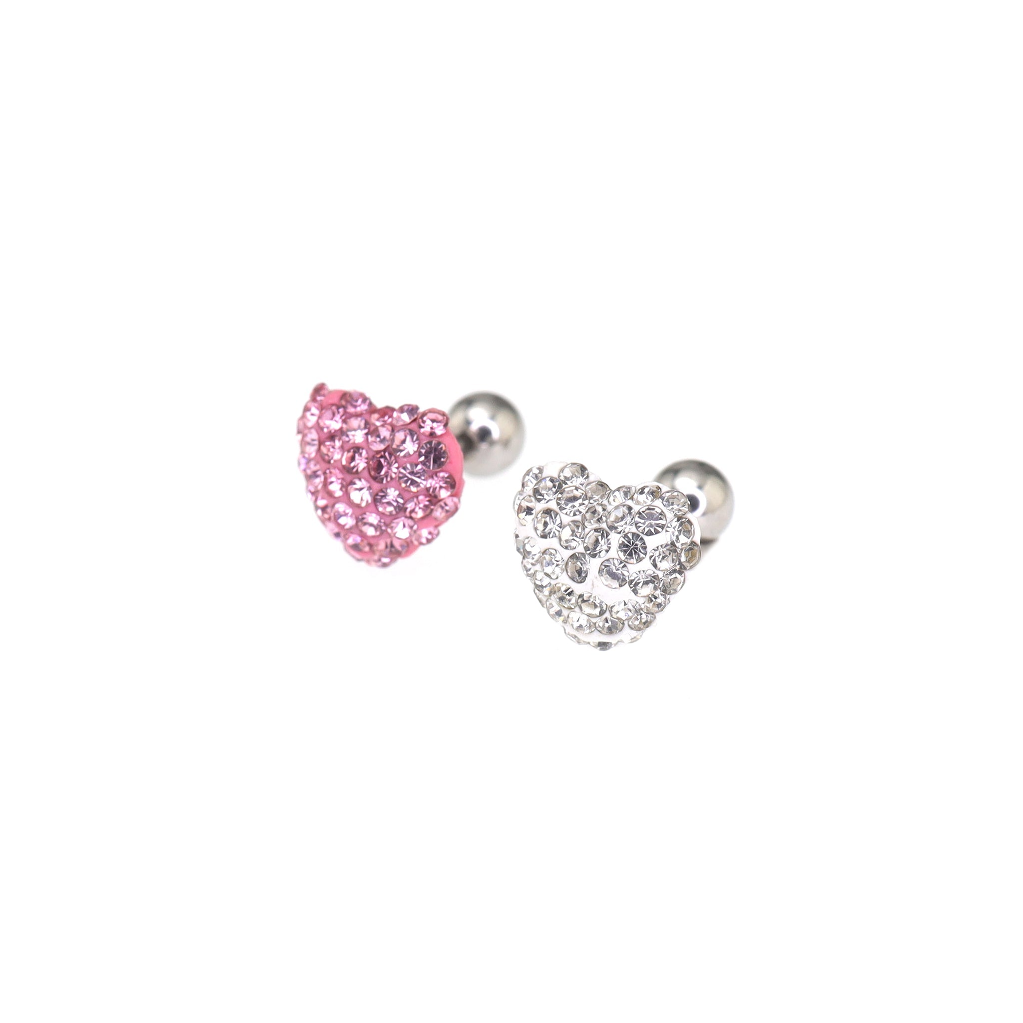 Pink & White Full CZ Heart Resin Stainless Steel Ear Studs - Pink & White Full CZ Heart Resin Stainless Steel Ear Studs - White / Single by CRUXJEWELRY