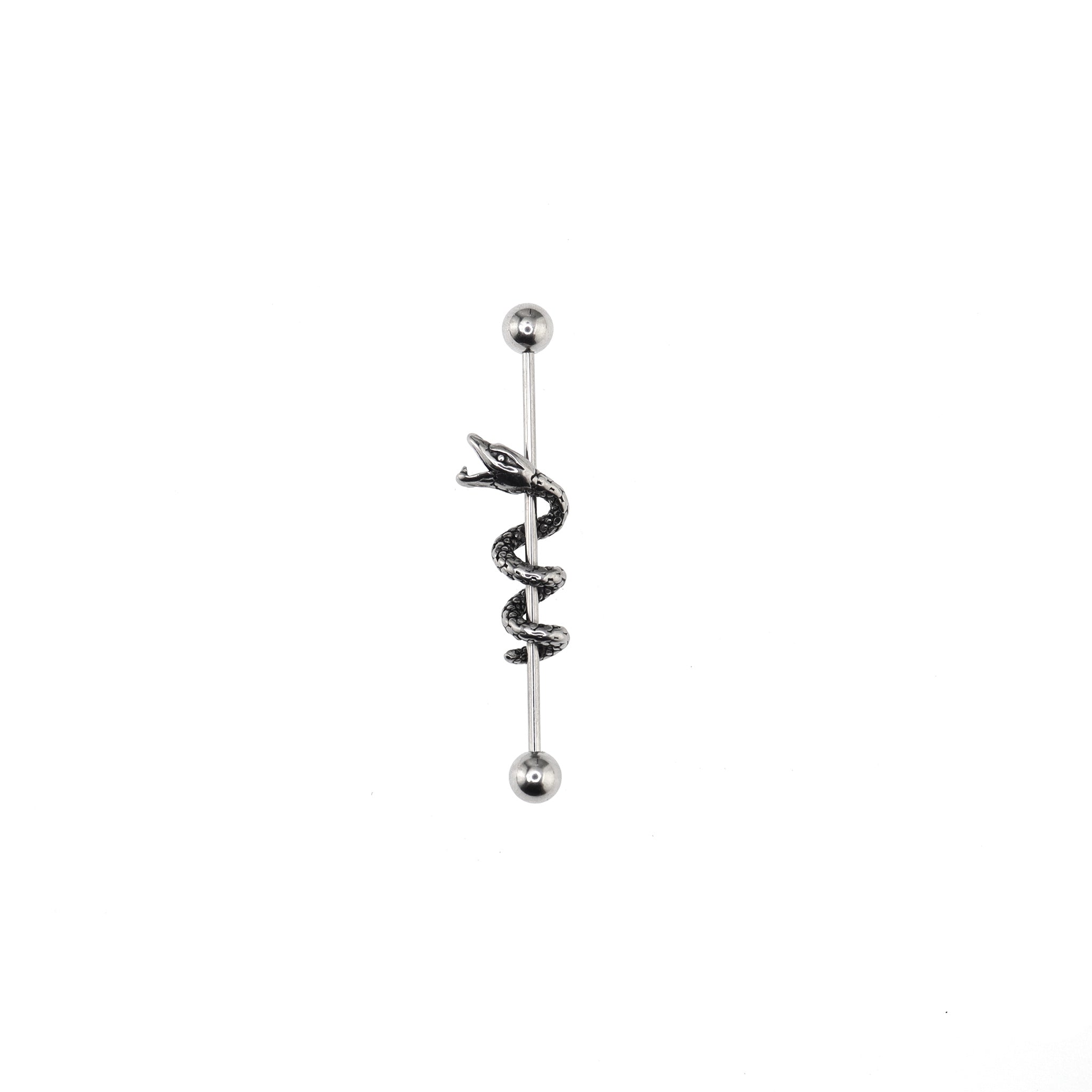 Sliver Coiled Serpent Stainless Steel Industrial Barbell - Sliver Coiled Serpent Stainless Steel Industrial Barbell - Default Title by CRUXJEWELRY