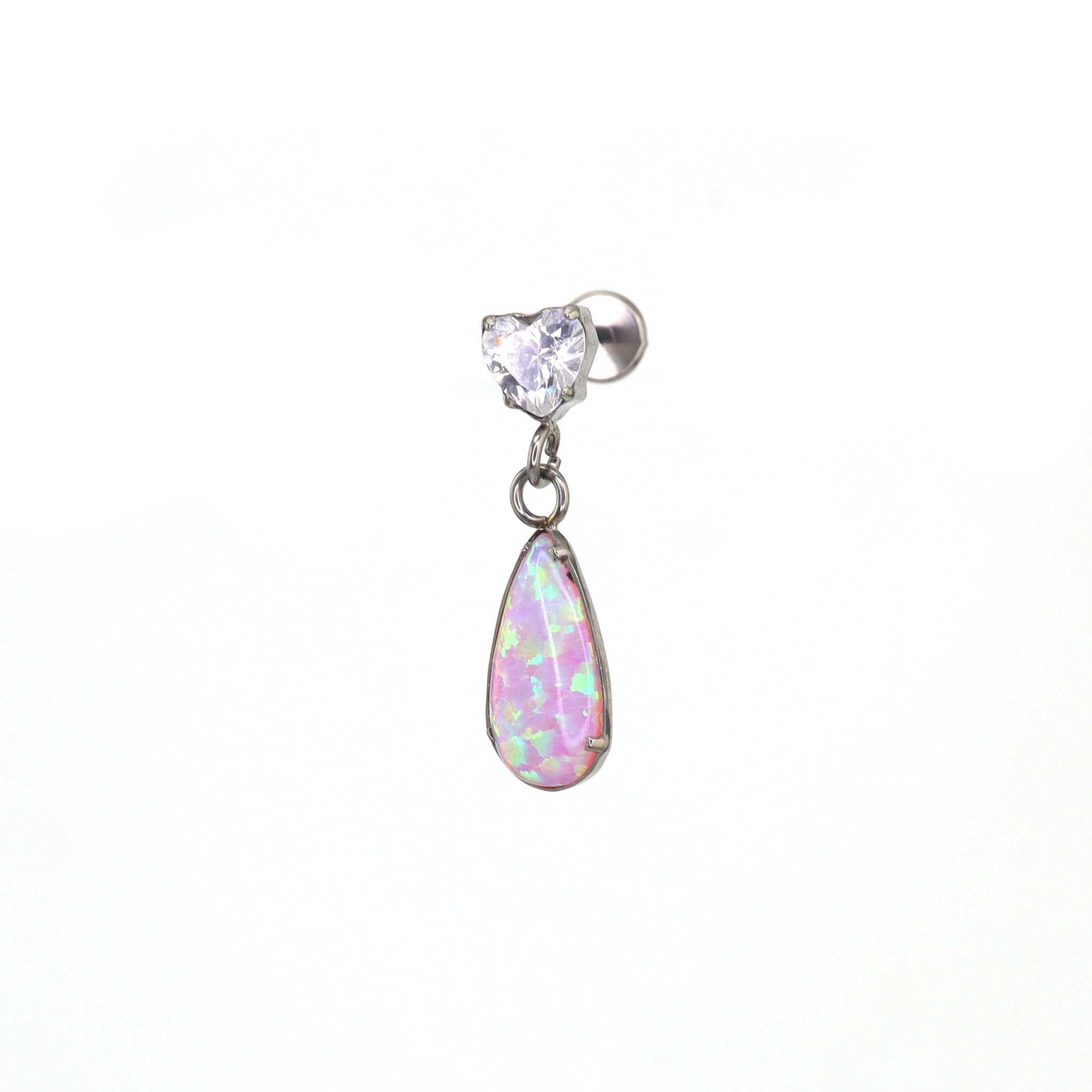 Heart CZ & Opal Teardrop Dangle Titanium Ear Studs - Heart CZ & Opal Teardrop Dangle Titanium Ear Studs - Light Pink by CRUXJEWELRY