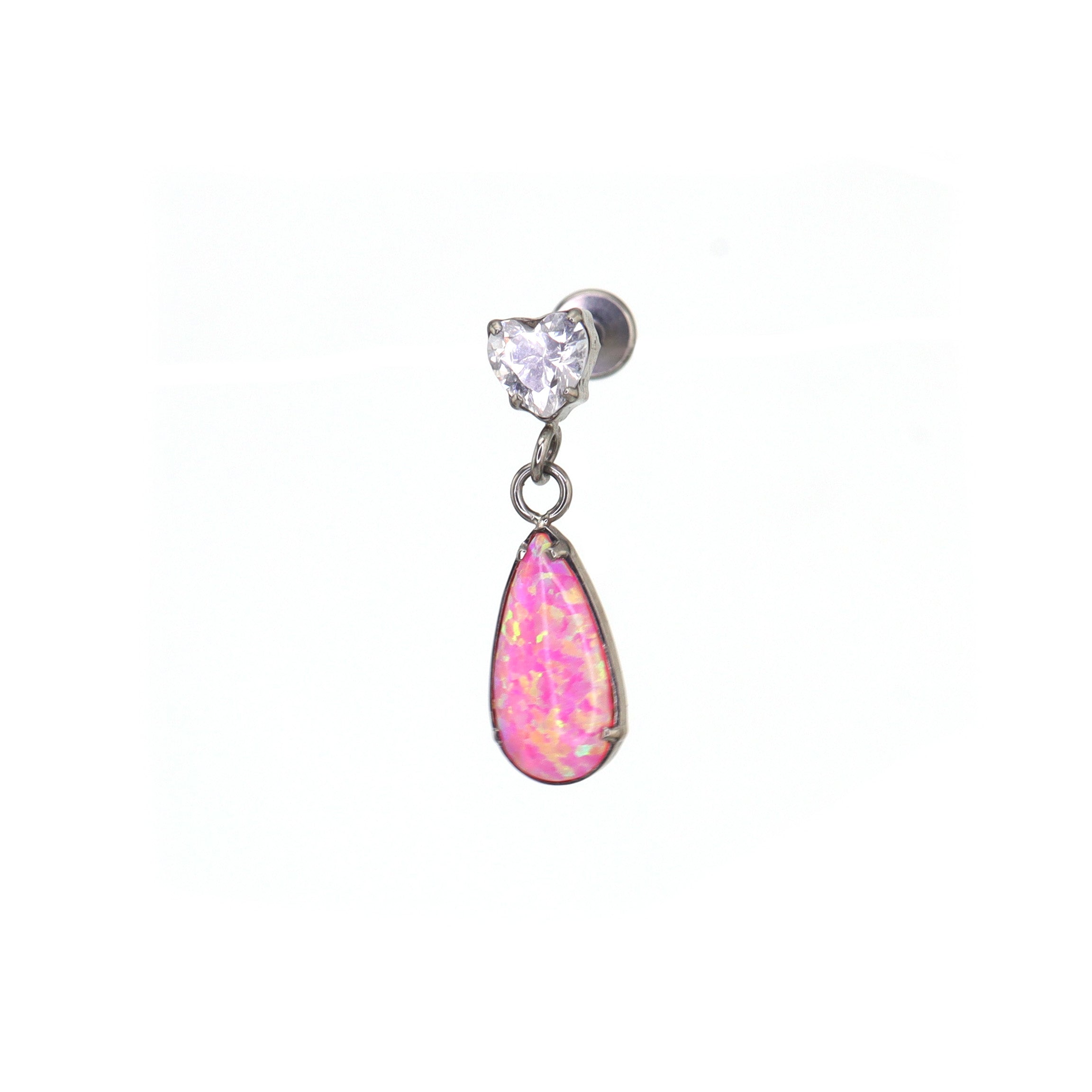 Heart CZ & Opal Teardrop Dangle Titanium Ear Studs - Heart CZ & Opal Teardrop Dangle Titanium Ear Studs - Deep Pink by CRUXJEWELRY