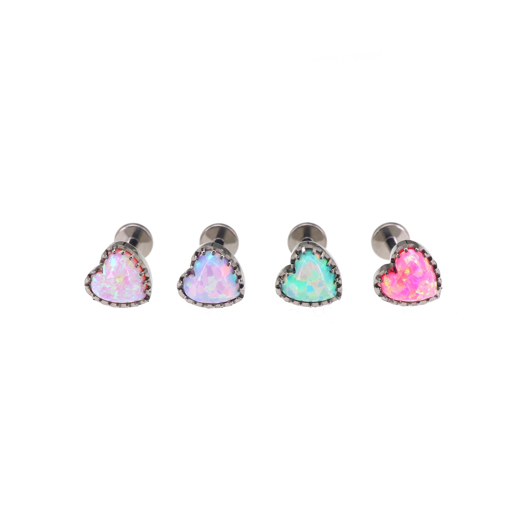 Bezel Rainbow Heart Opal Internally Threaded Titanium Studs - Bezel Rainbow Heart Opal Internally Threaded Titanium Studs - Blue / 6mm by CRUXJEWELRY