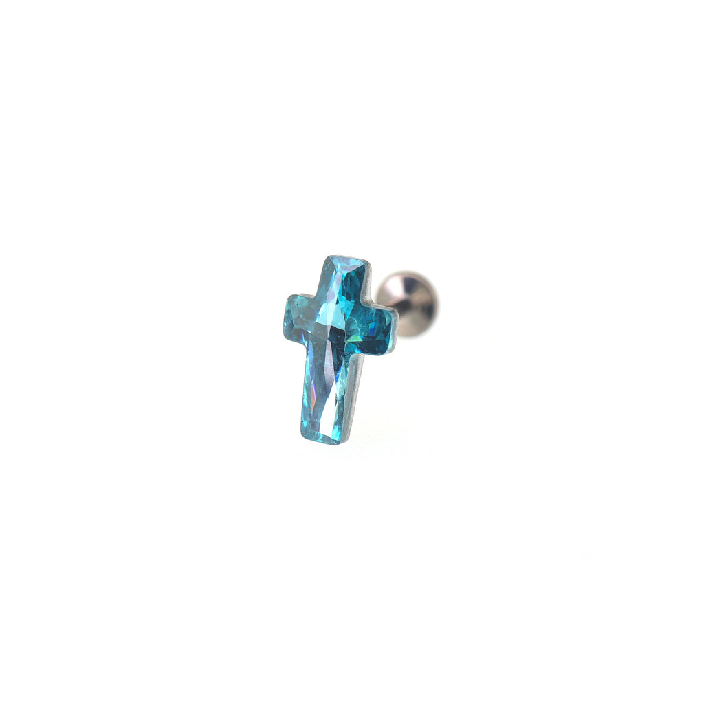 Colorful Cross CZ Internally Threaded Titanium Ear Studs - Colorful Cross CZ Internally Threaded Titanium Ear Studs - Blue / 6mm by CRUXJEWELRY