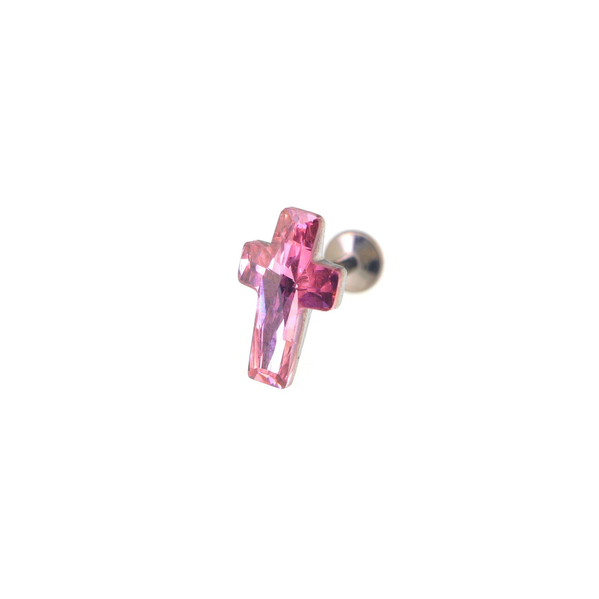 Colorful Cross CZ Internally Threaded Titanium Ear Studs - Colorful Cross CZ Internally Threaded Titanium Ear Studs - Pink / 6mm by CRUXJEWELRY
