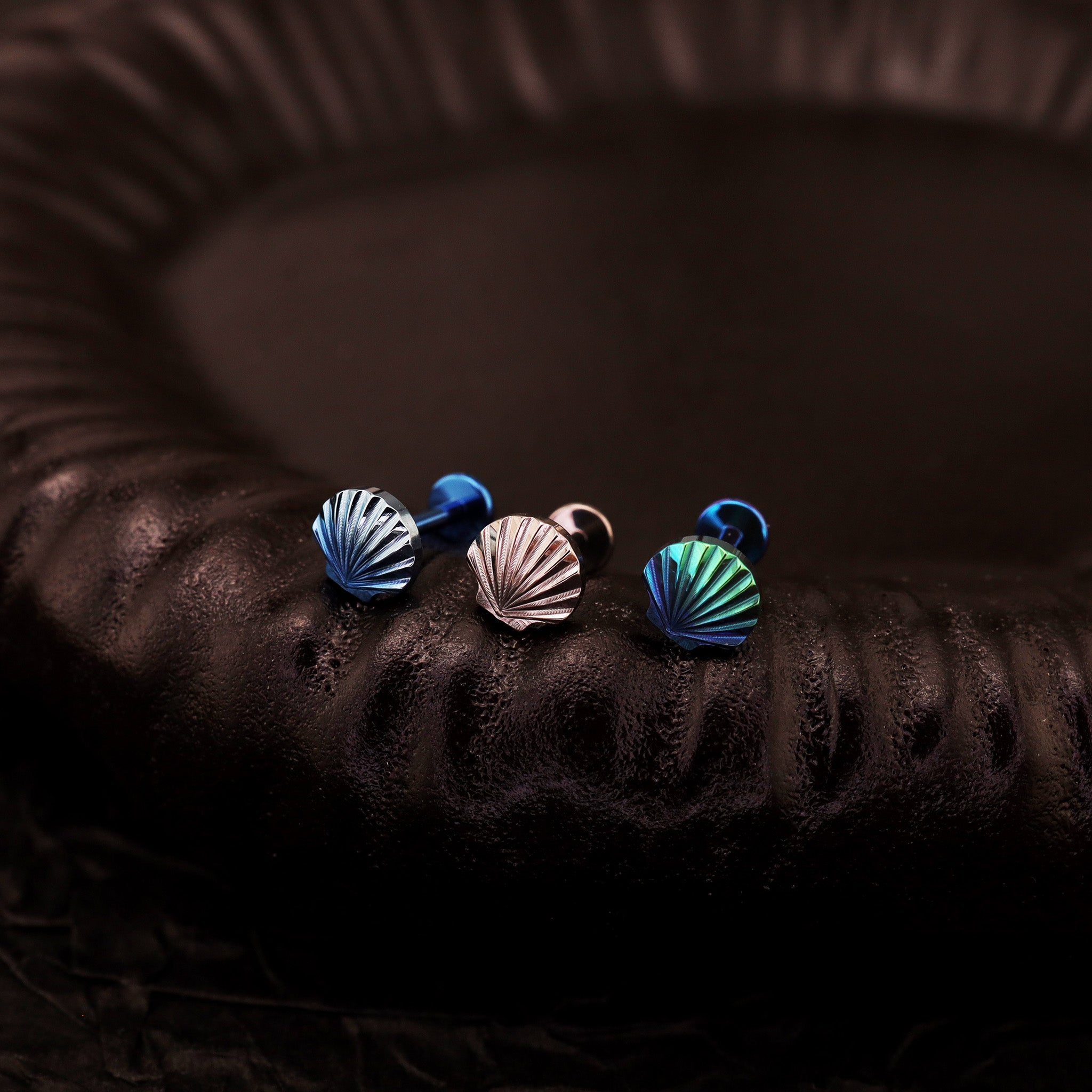 3D Engraved Shell Internally Threaded Titanium Studs - 3D Engraved Shell Internally Threaded Titanium Studs - Blue / 6mm by CRUXJEWELRY