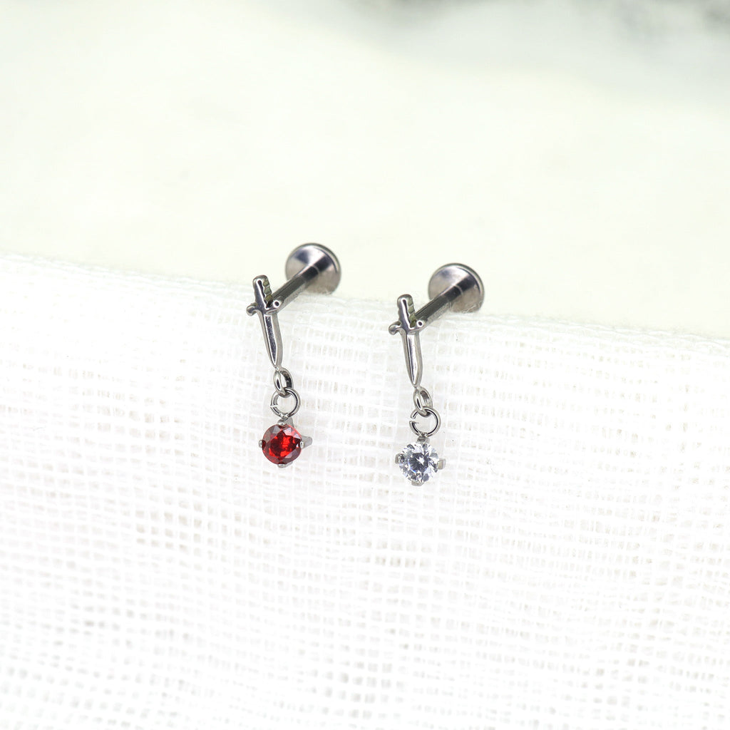Mini Dagger Pendant CZ Titanium Ear Studs - Mini Dagger Pendant CZ Titanium Ear Studs - Red / 6mm by CRUXJEWELRY