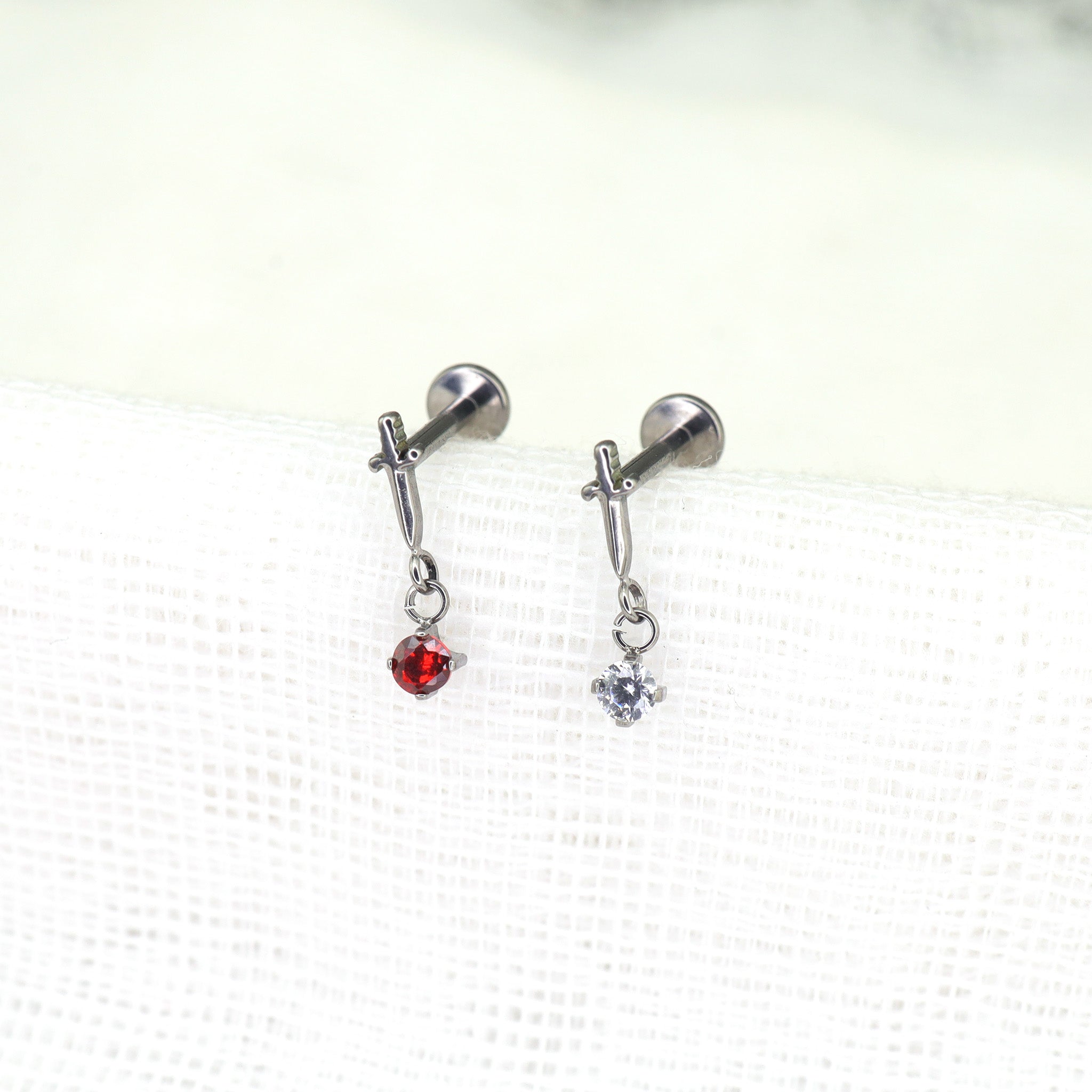 Mini Dagger Pendant CZ Titanium Ear Studs - Mini Dagger Pendant CZ Titanium Ear Studs - Red / 6mm by CRUXJEWELRY
