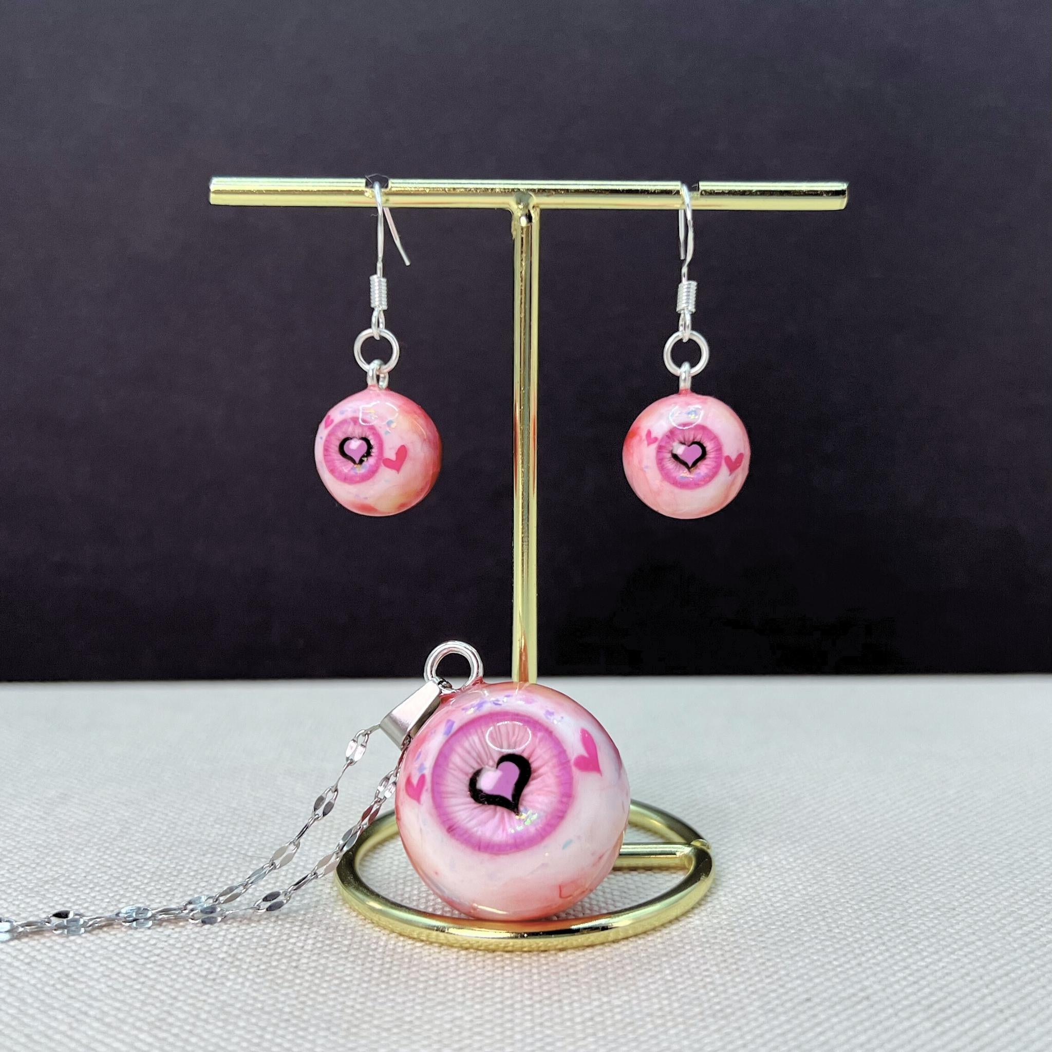 Kawaii Heart Pupil Eyeball Necklace & Earrings Set | 4-Color Matching Jewelry Bundle