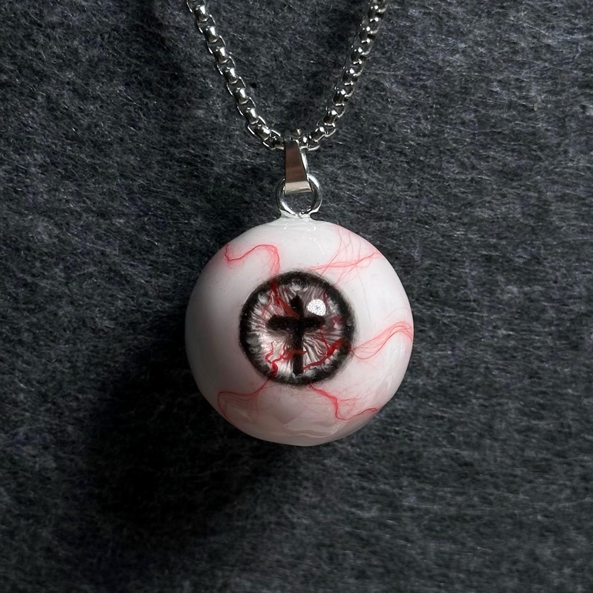 "Sanguine Saint" Bloody Red Cross Eye Necklace - Gold Crucifix Pupil
