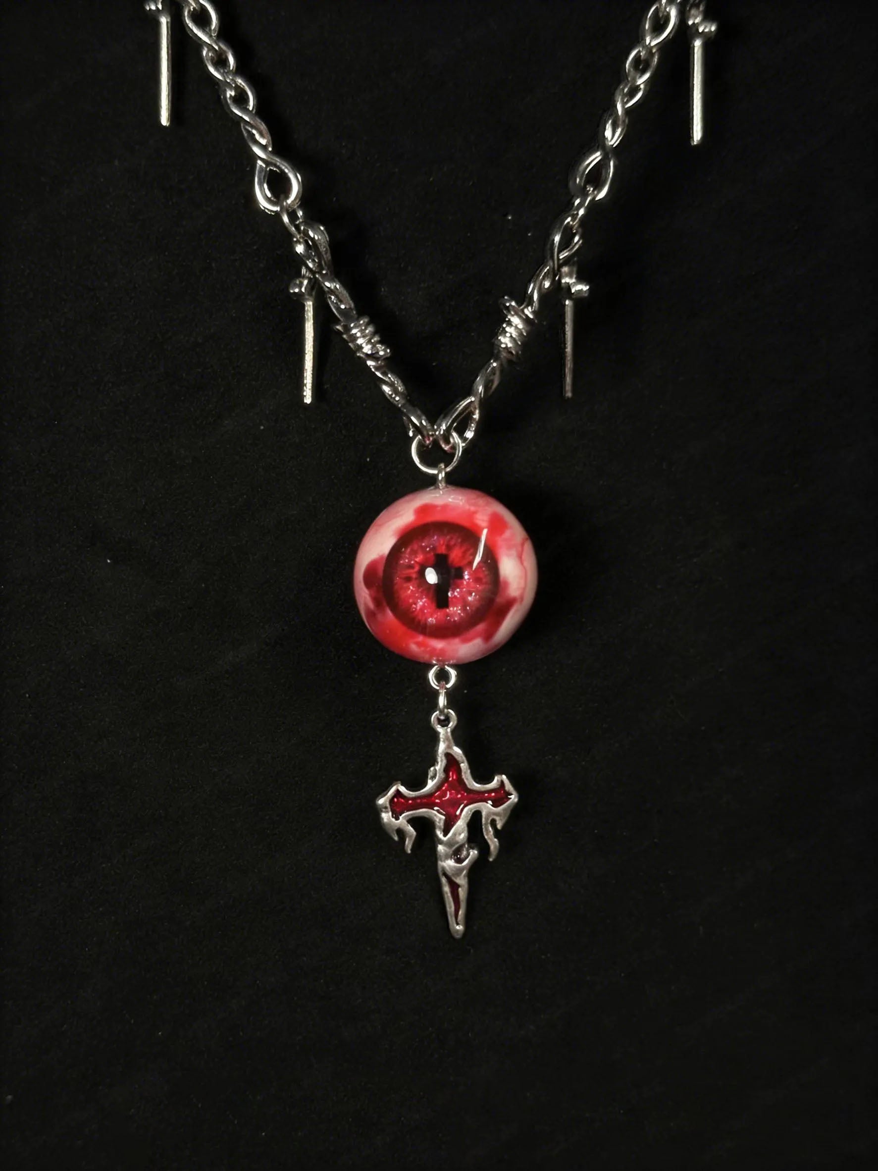 "Crown of Thorns" Red Eye Necklace - Barbed Chain & Gothic Cross
