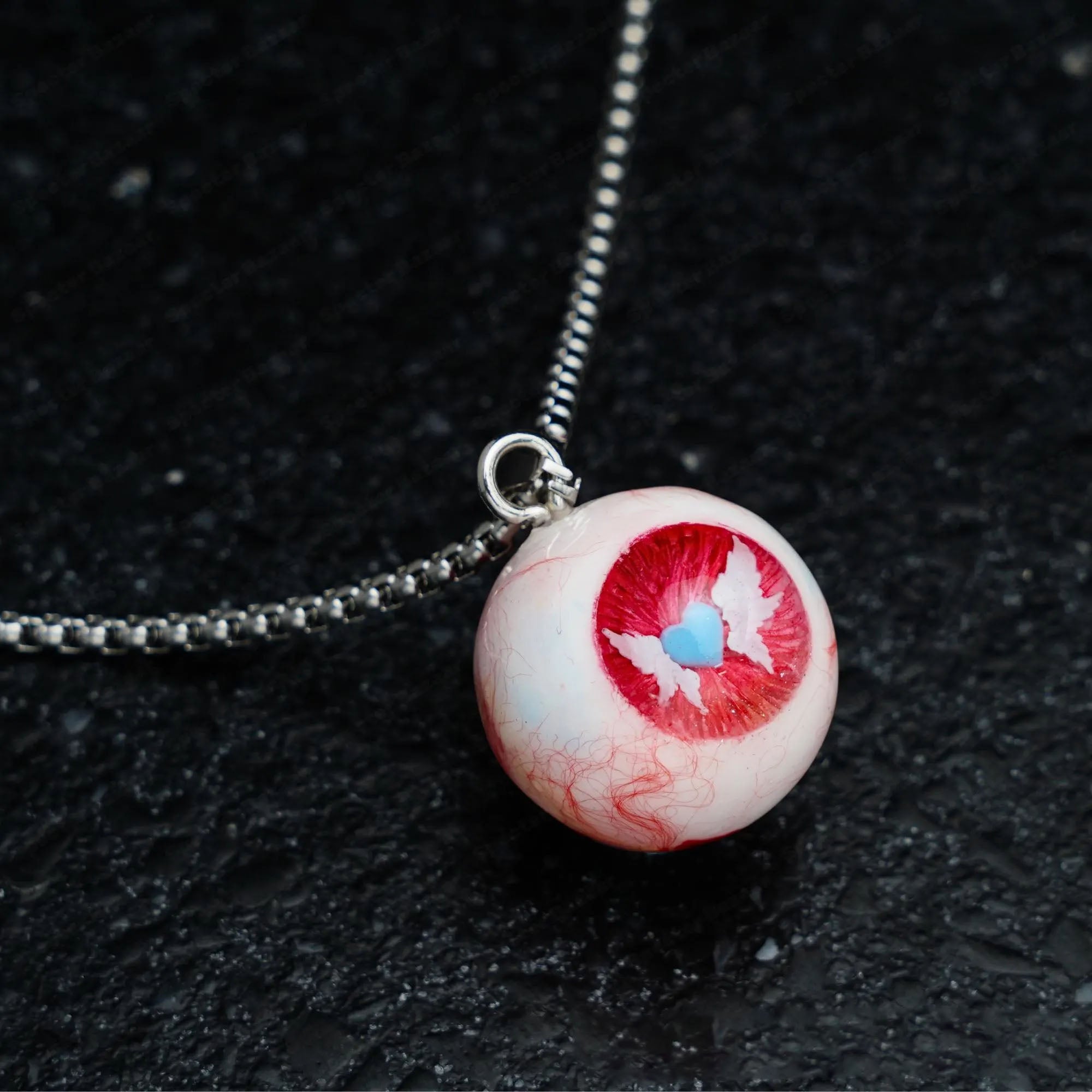 "Love Sick" Angel Heart Eyeball Necklace - Blue Heart & Wings