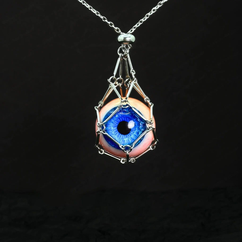"The Captive" Caged Blue Eye Necklace - Geometric Silver Frame
