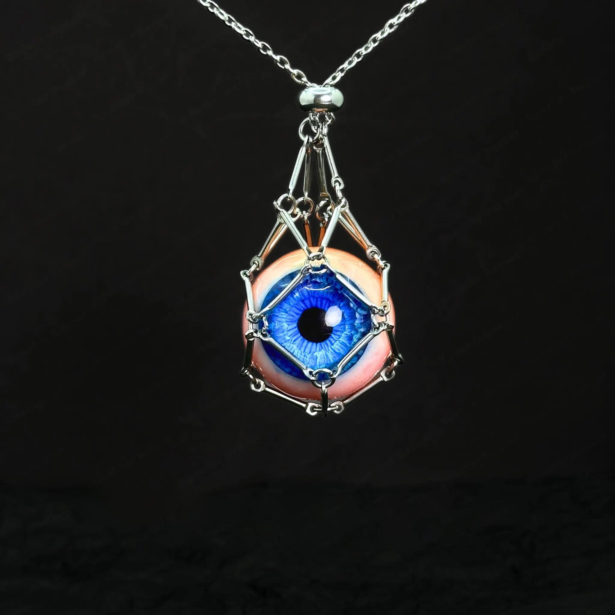 "The Captive" Caged Blue Eye Necklace - Geometric Silver Frame