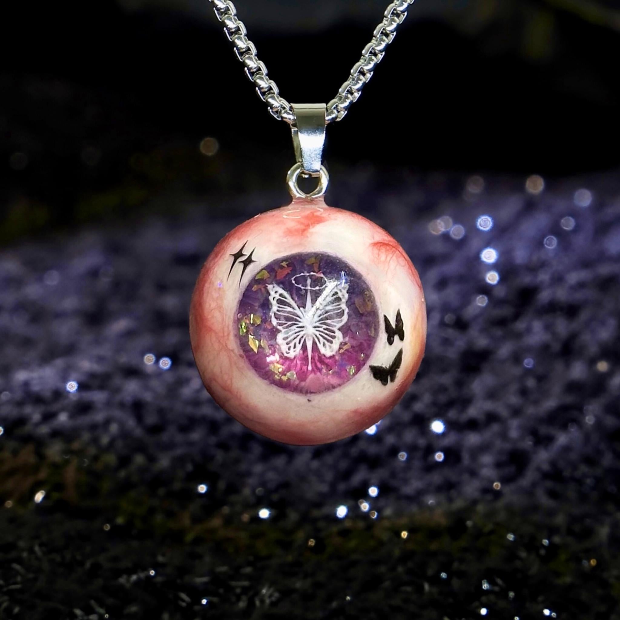 "Psyche's Dream" White Butterfly Pupil Necklace - Shimmering Purple Iris
