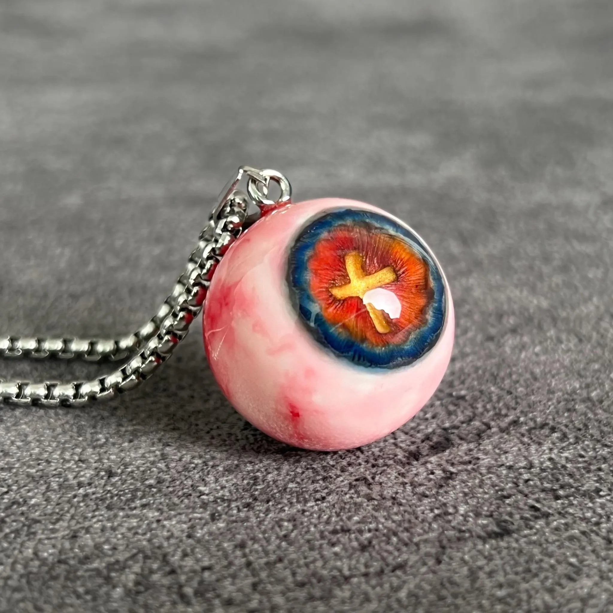 "Holy Fire" Golden Cross Eye Necklace - Thermal Blue & Red Iris