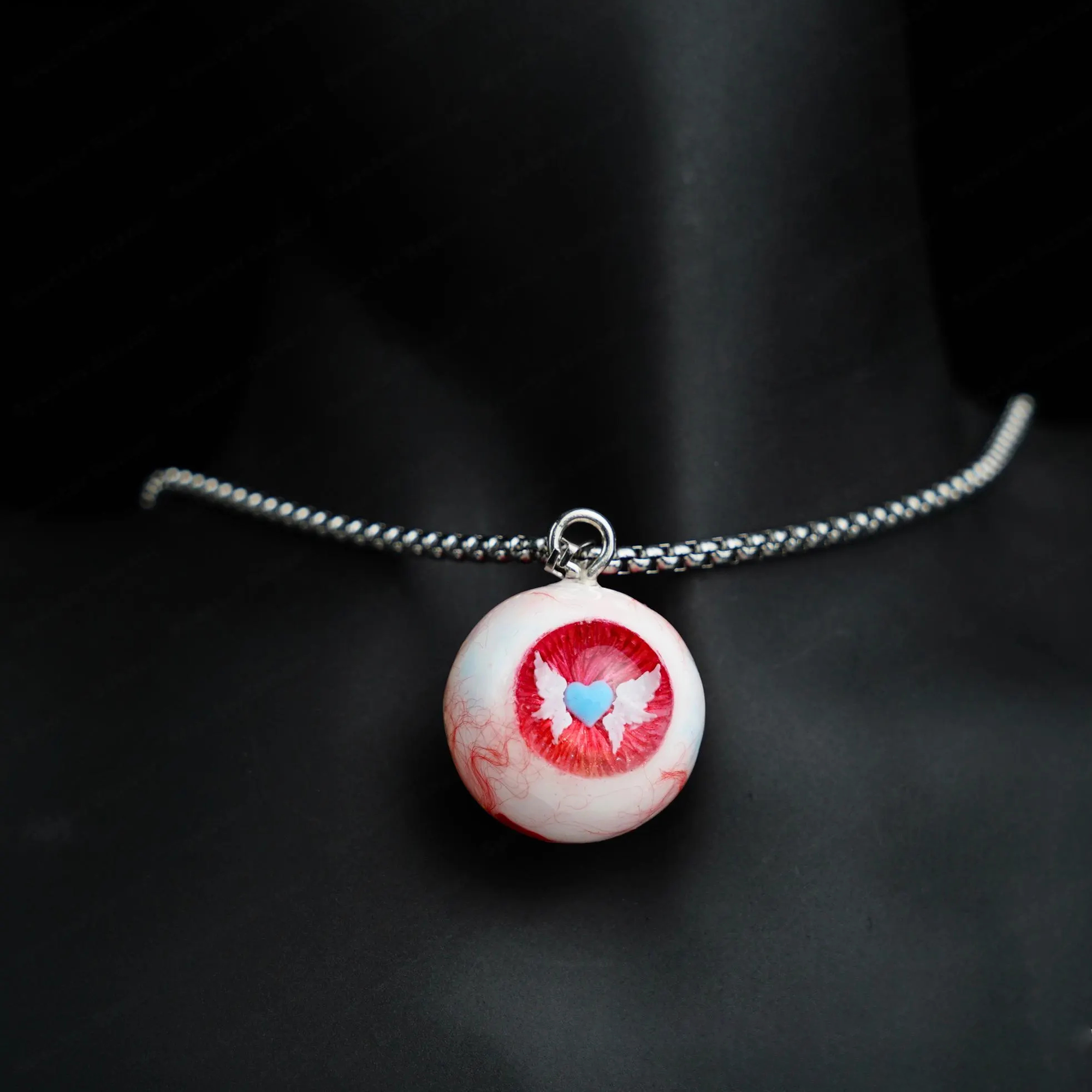 "Love Sick" Angel Heart Eyeball Necklace - Blue Heart & Wings