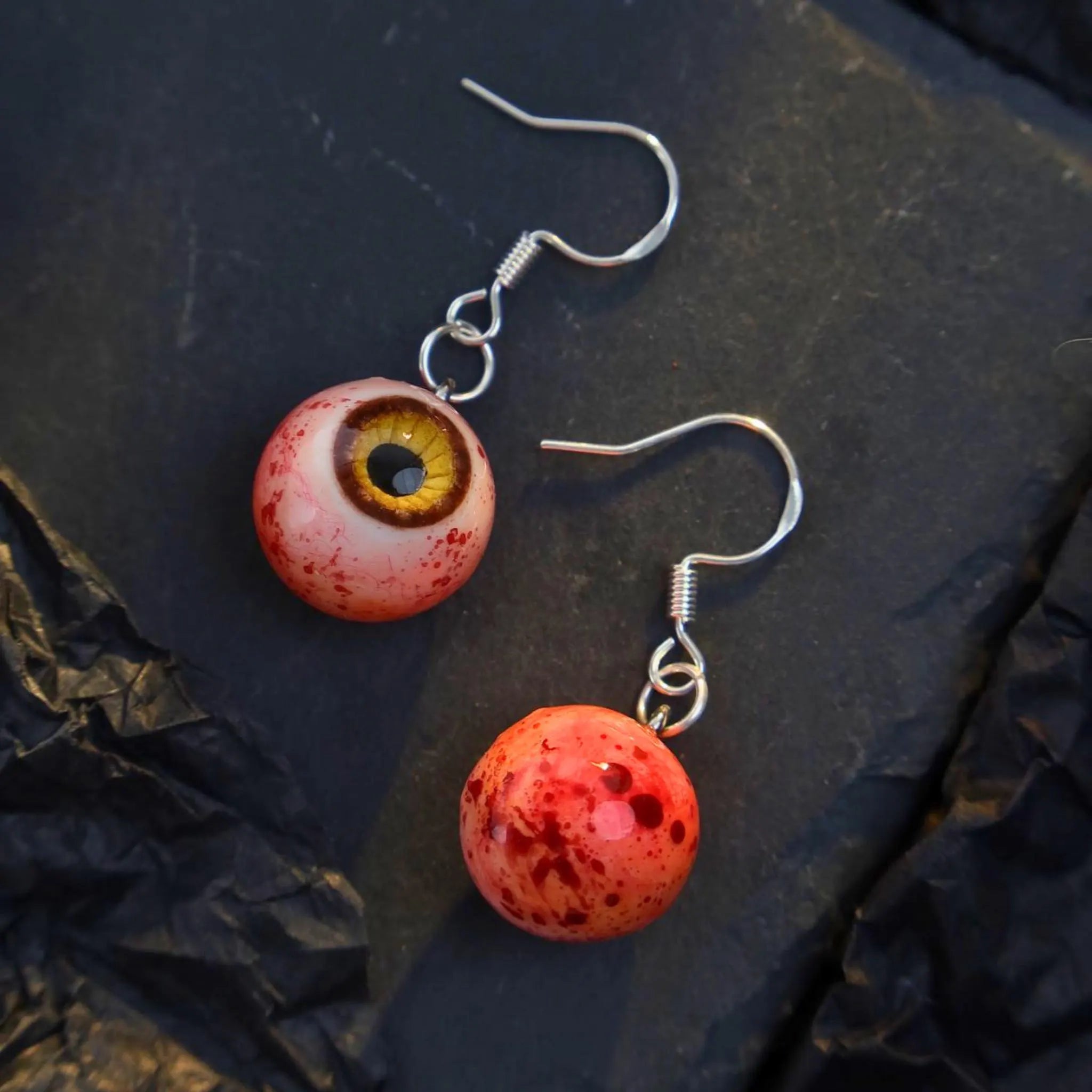 (Pair) Hyper-Realistic Bloodshot Yellow|Green Eyeball Earrings | Zombie Horror | S925 Sterling Silver