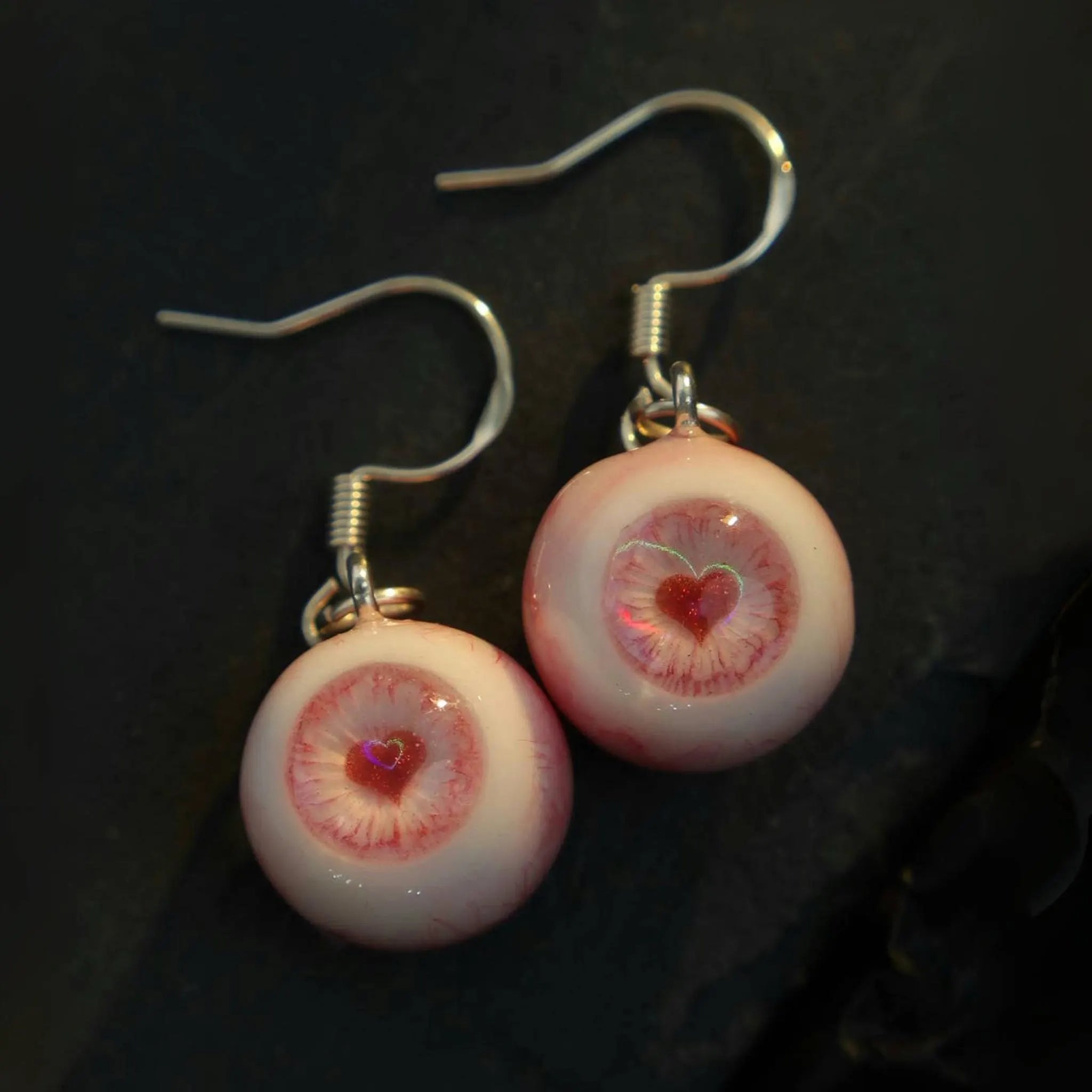 (Pair) Albino Pink Heart Pupil Eyeball Earrings | Yami Kawaii Lovecore | S925 Sterling Silver