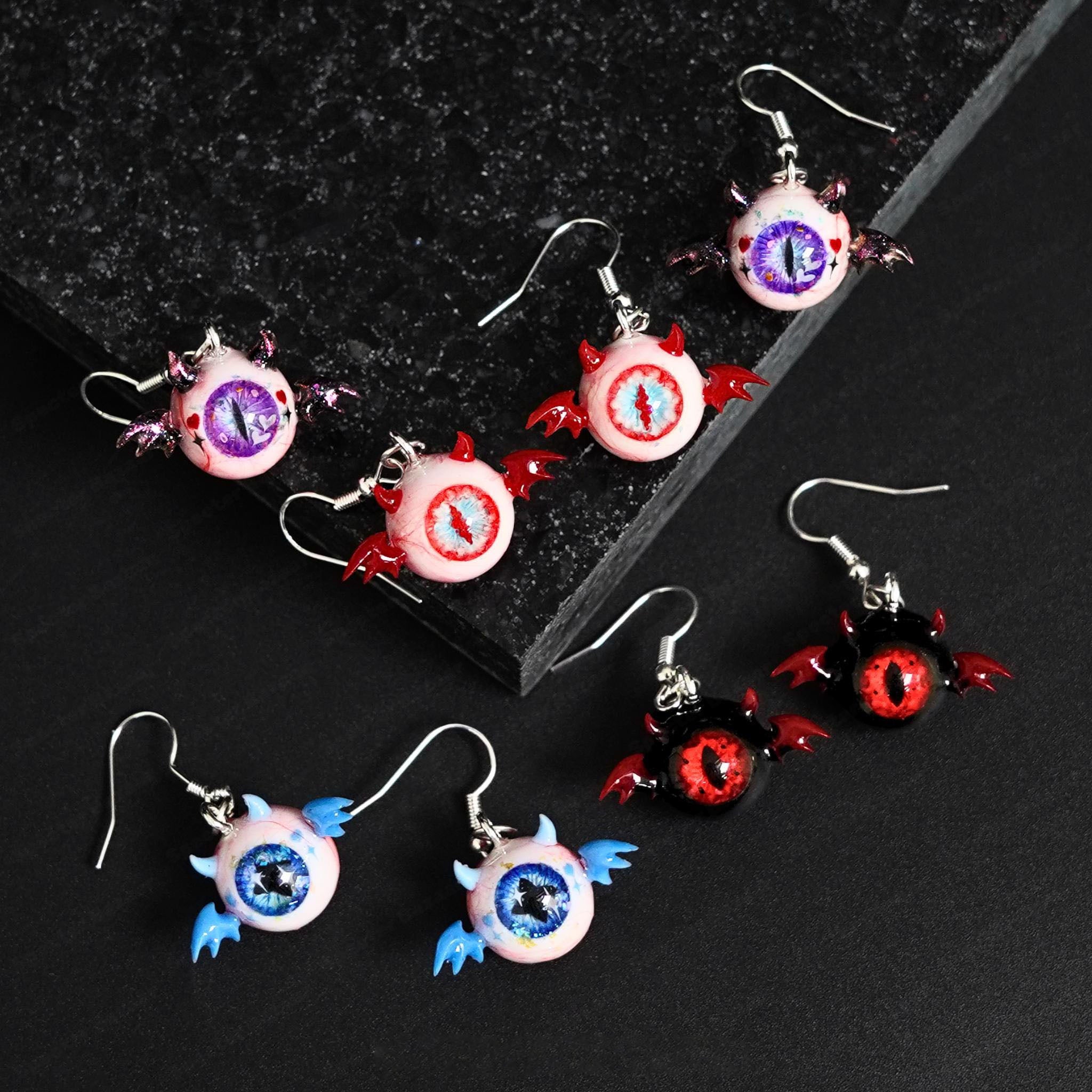 Pair of Little Devil Winged Eyeball Earrings | Handmade Cthulhu Series | Spooky-Cute Gothic Resin Jewelry