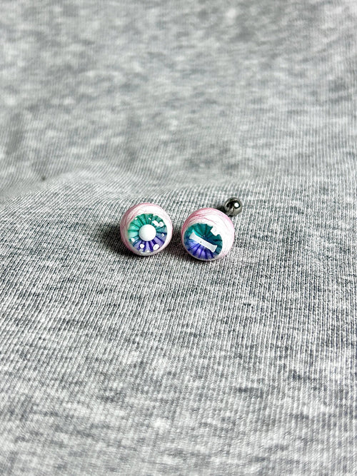 "Ghostly Pet" Mismatched Eyeball Studs - Aurora Iris (Bone & Moon)