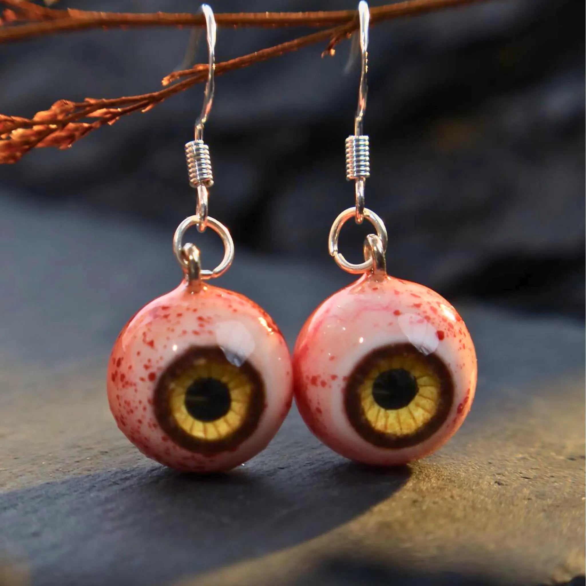 (Pair) Hyper-Realistic Bloodshot Yellow|Green Eyeball Earrings | Zombie Horror | S925 Sterling Silver