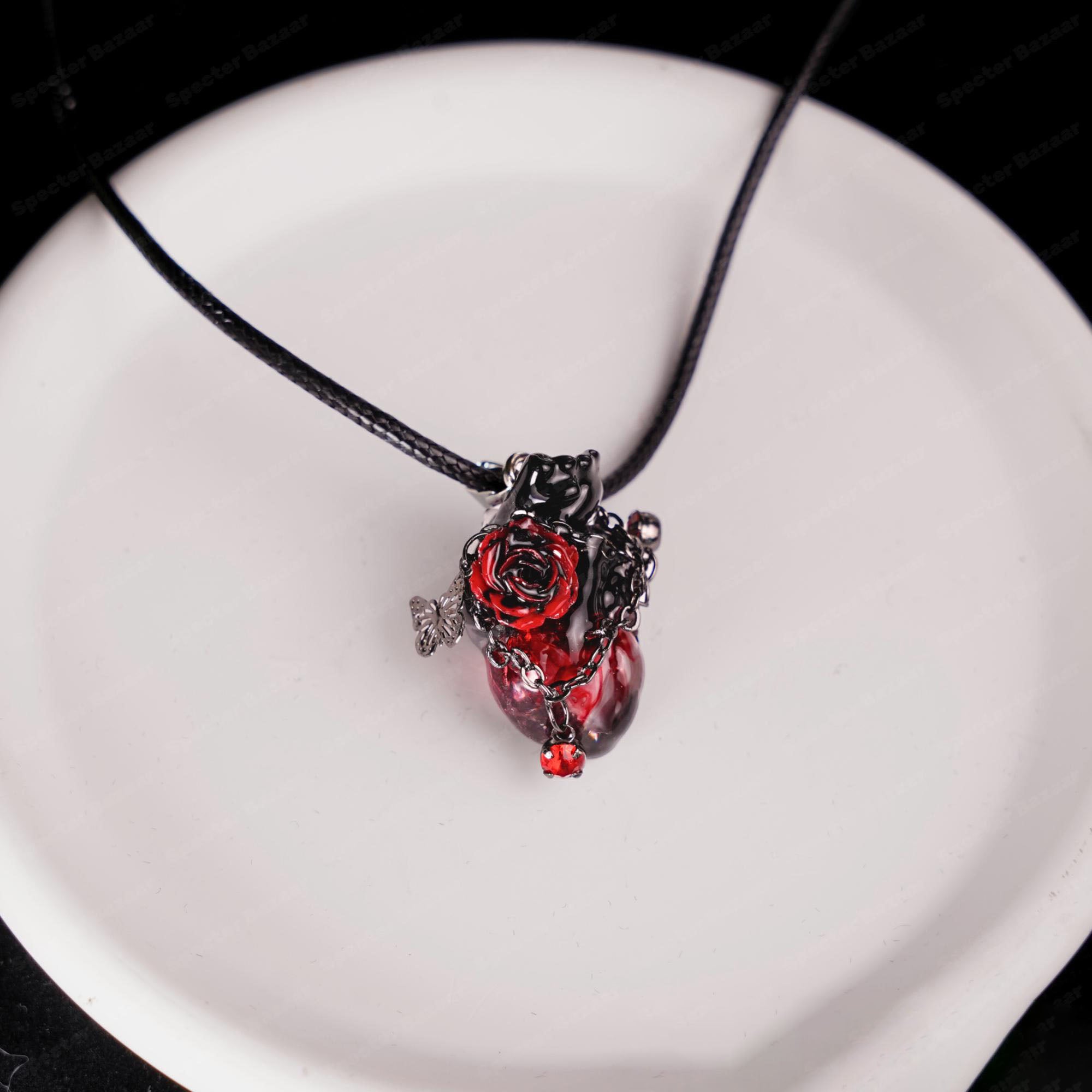 "Eternal Devotion" Bleeding Anatomical Heart - Rose & Chain Detail