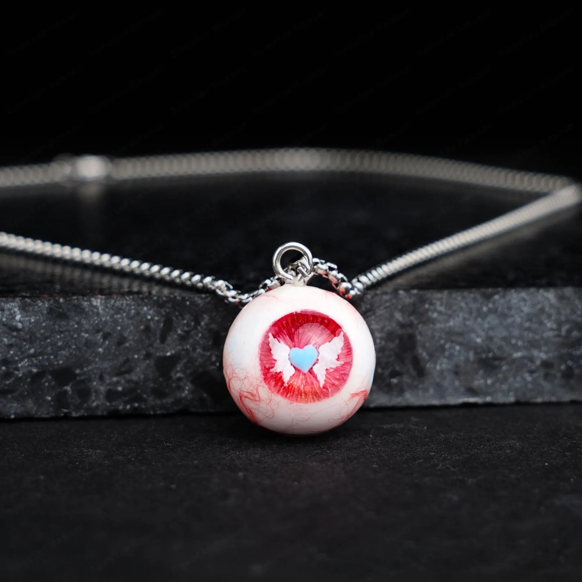 "Love Sick" Angel Heart Eyeball Necklace - Blue Heart & Wings