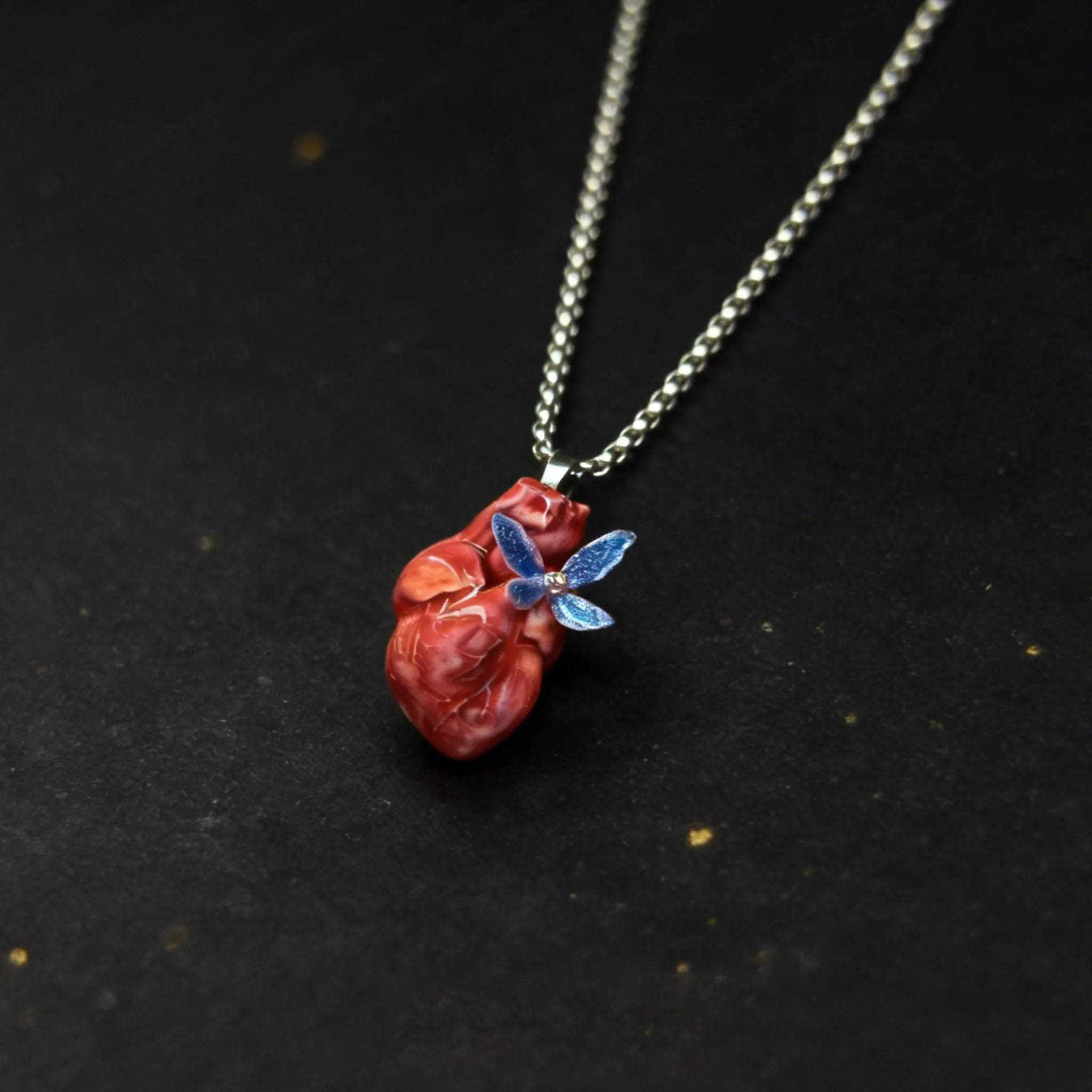 "Fluttering Heart" Anatomical Pendant - Shimmering Blue Butterfly Detail