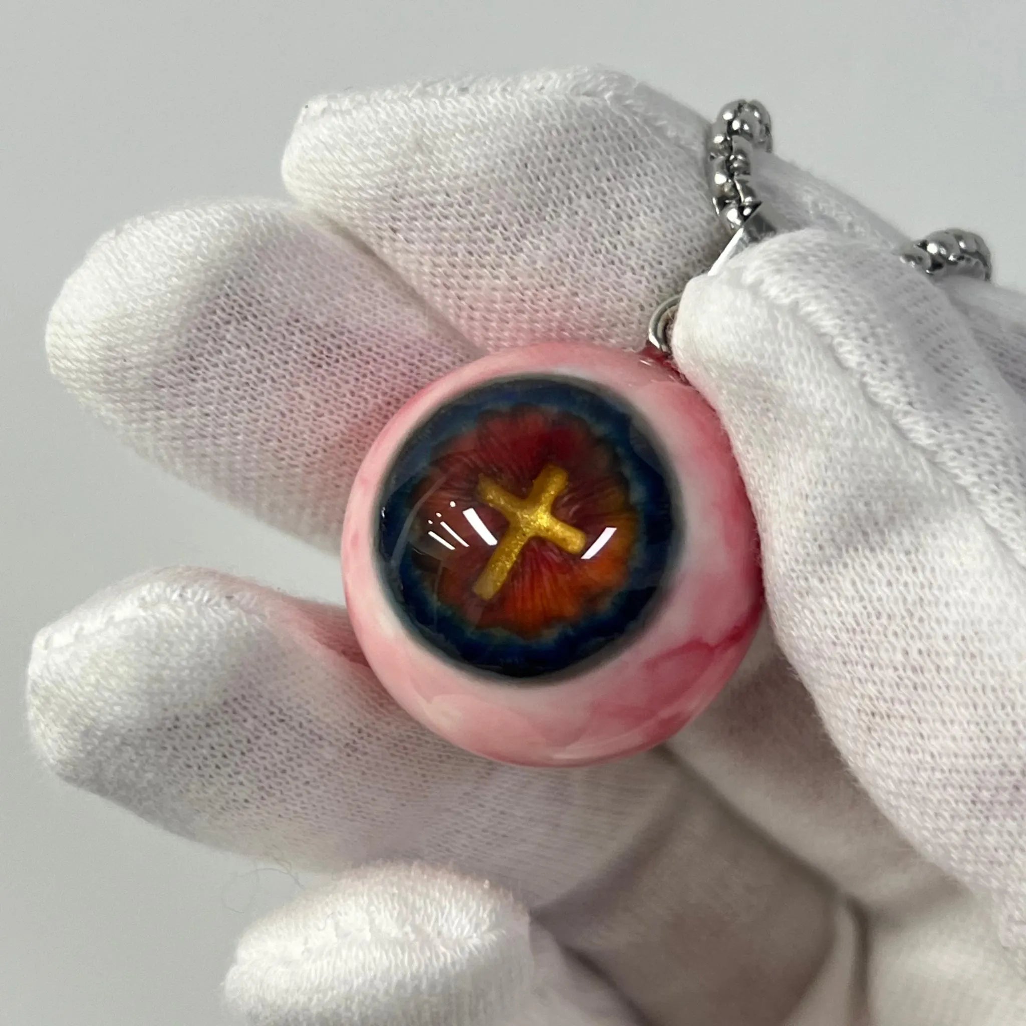 "Holy Fire" Golden Cross Eye Necklace - Thermal Blue & Red Iris