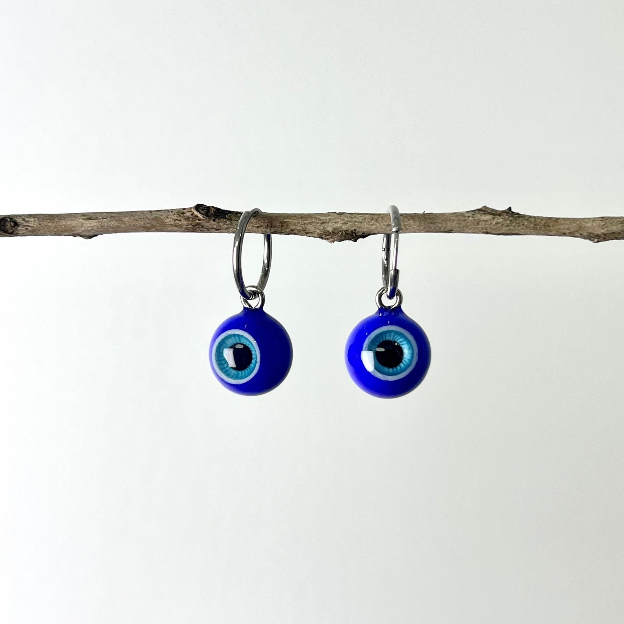 (Pair) Cobalt Blue Evil Eye Hoop Earrings | Hypoallergenic Titanium | Spooky-Cute Jewelry