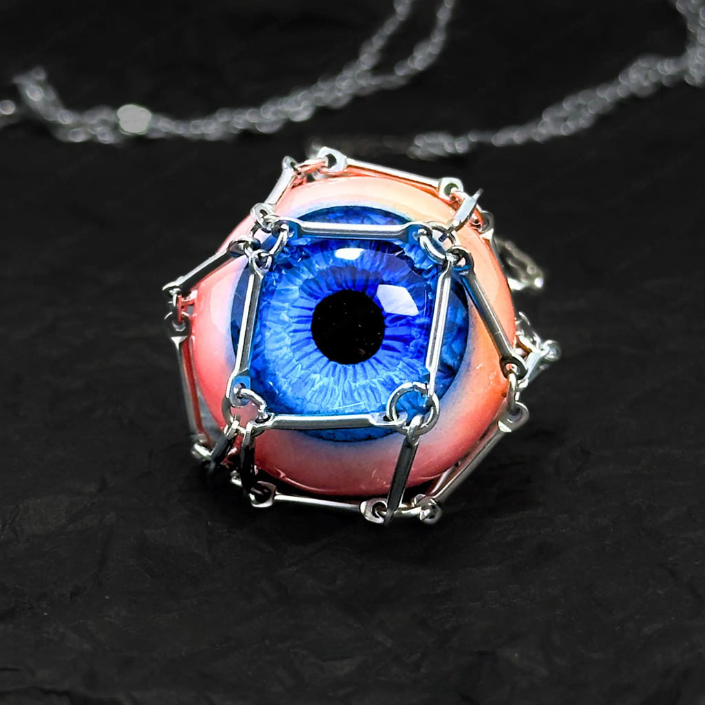"The Captive" Caged Blue Eye Necklace - Geometric Silver Frame