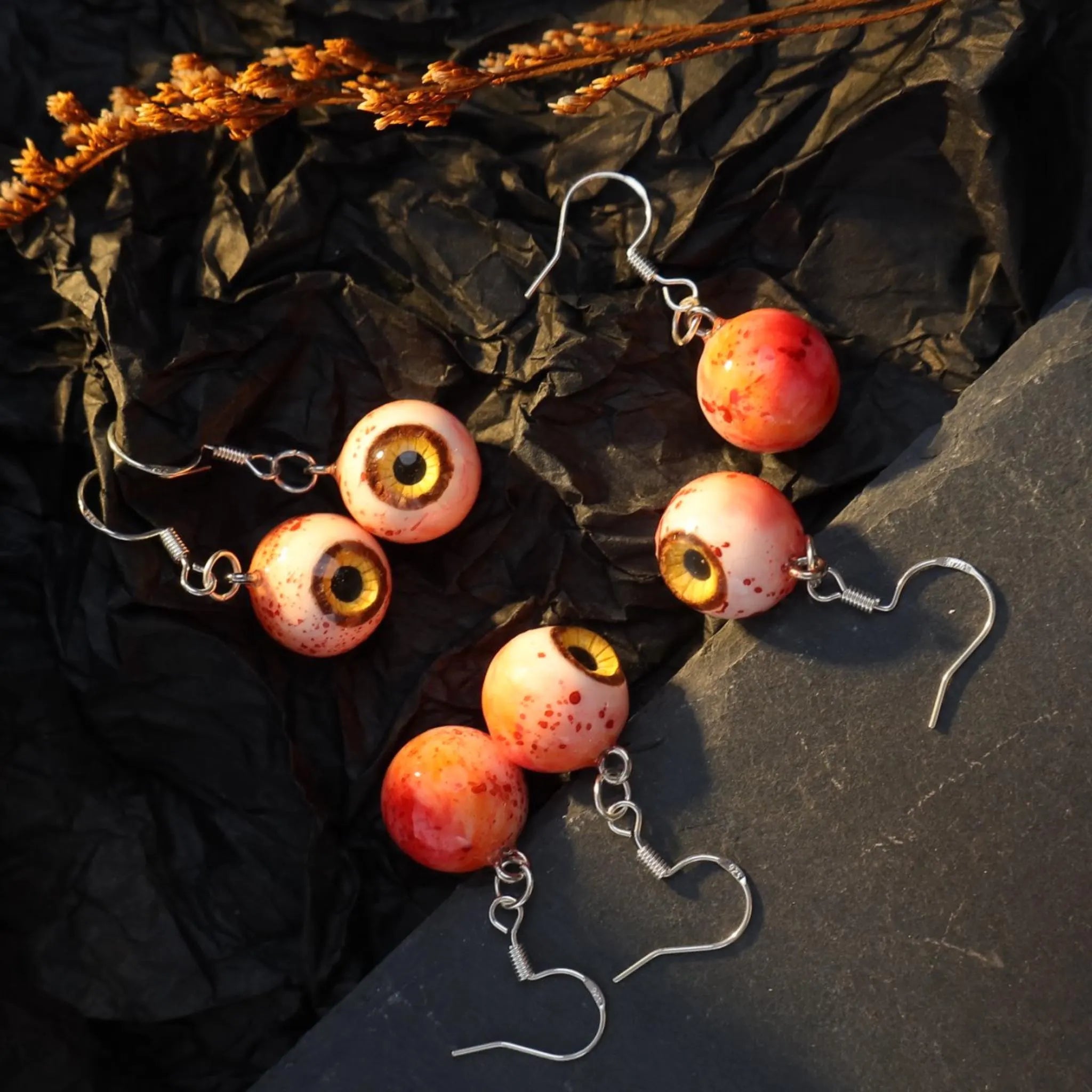 (Pair) Hyper-Realistic Bloodshot Yellow|Green Eyeball Earrings | Zombie Horror | S925 Sterling Silver