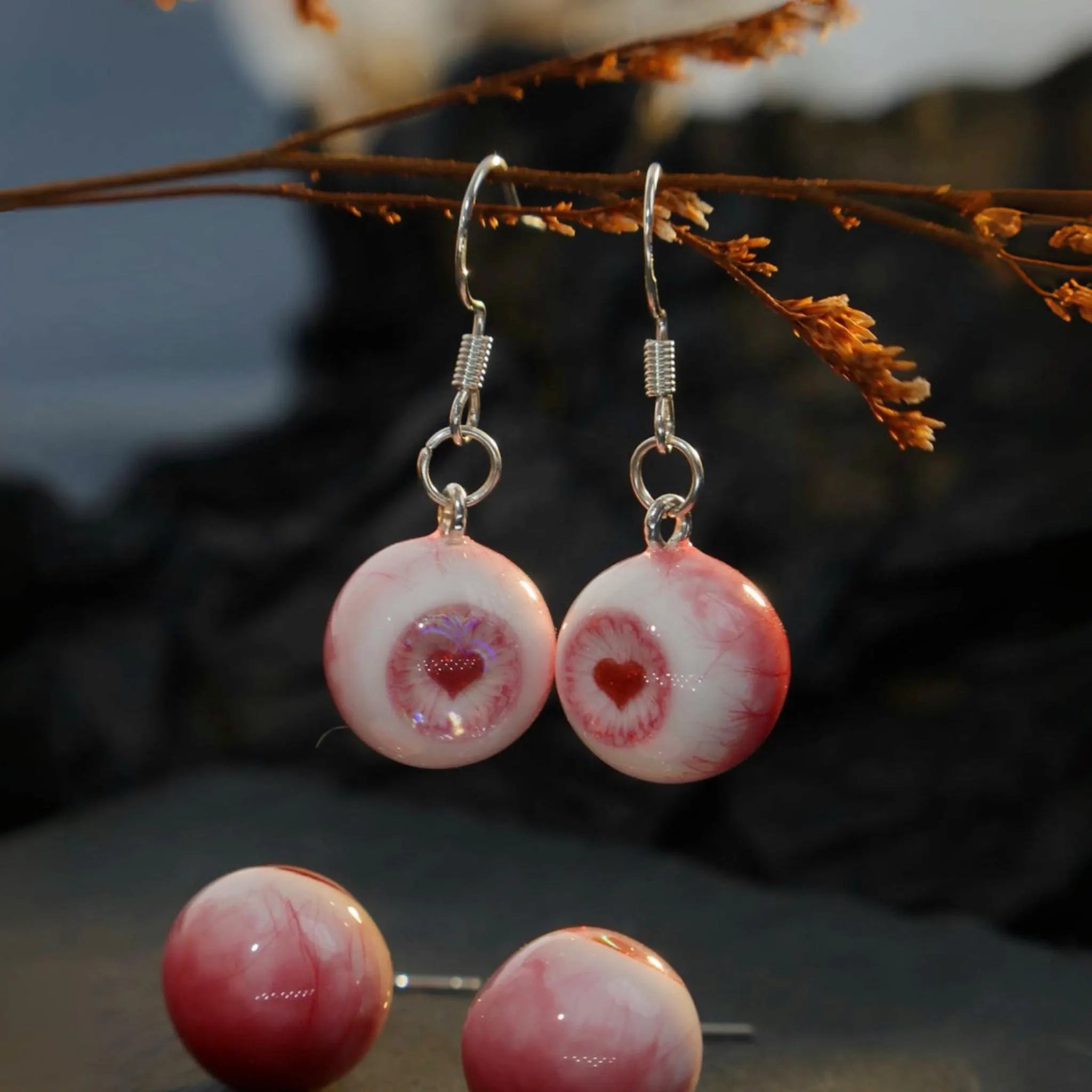 (Pair) Albino Pink Heart Pupil Eyeball Earrings | Yami Kawaii Lovecore | S925 Sterling Silver