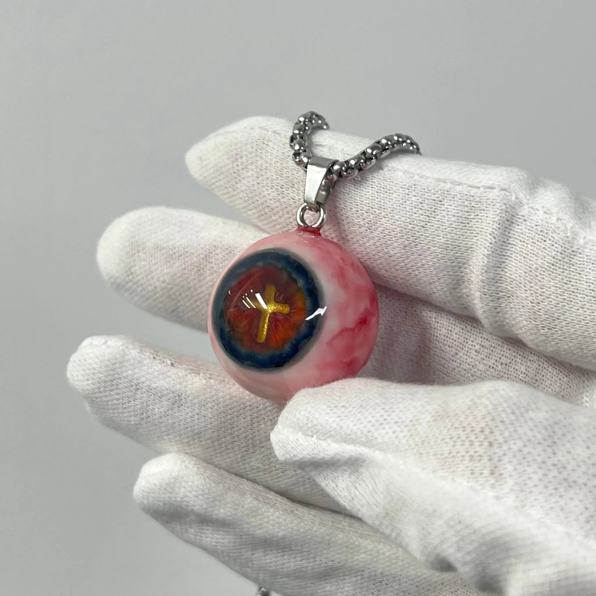 "Holy Fire" Golden Cross Eye Necklace - Thermal Blue & Red Iris