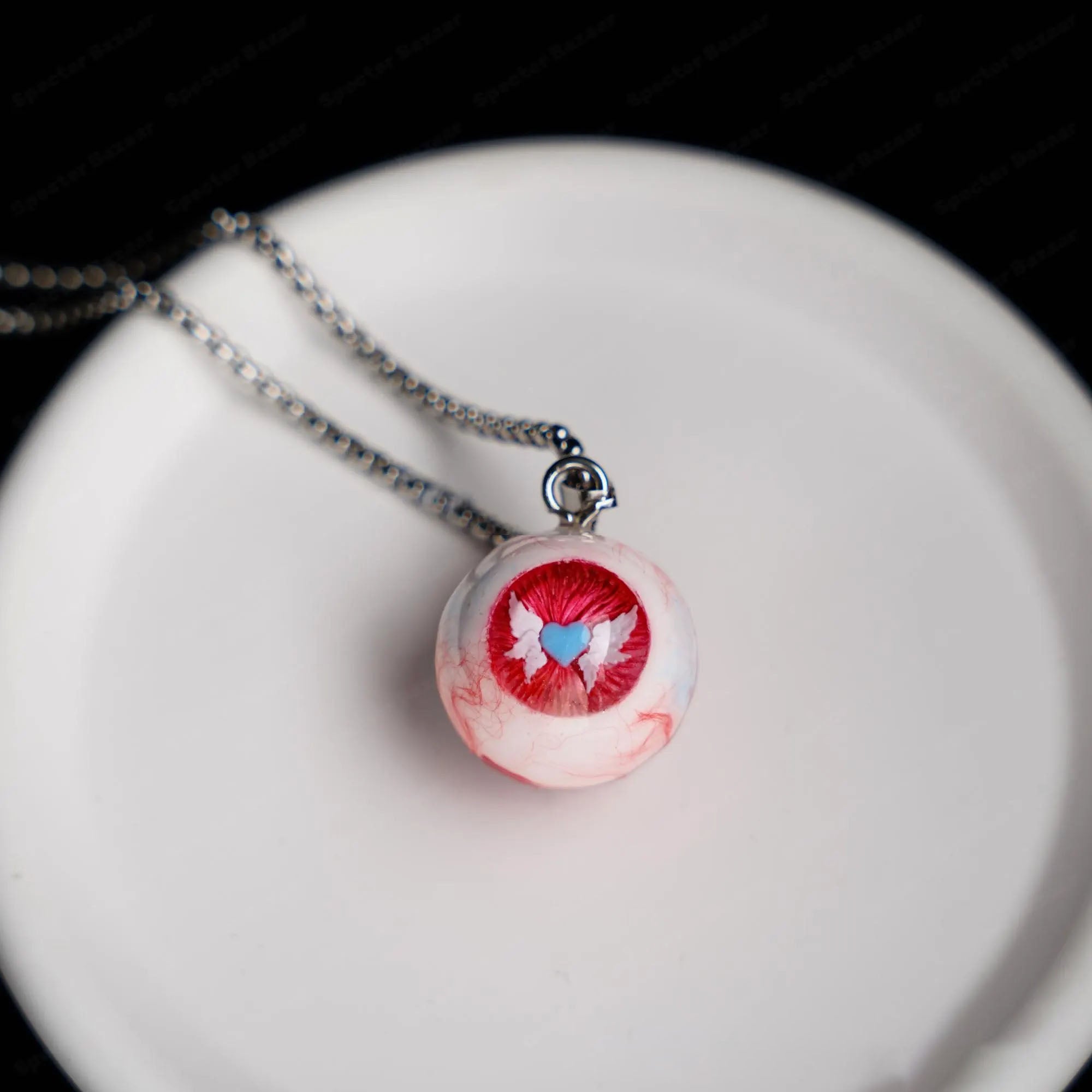 "Love Sick" Angel Heart Eyeball Necklace - Blue Heart & Wings